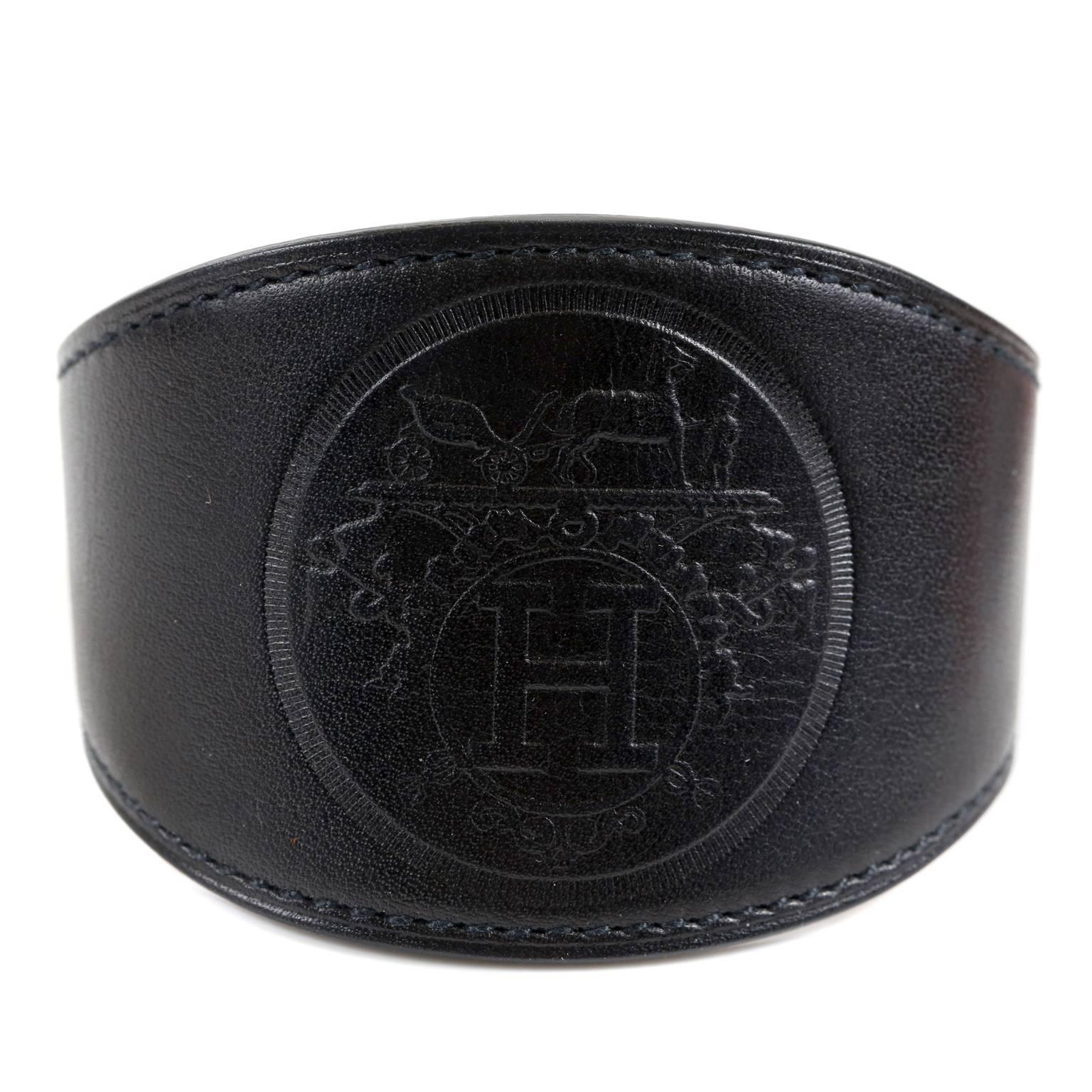 Hermes Black Leather Ex Libris Cuff Bracelet In Excellent Condition In Malibu, CA