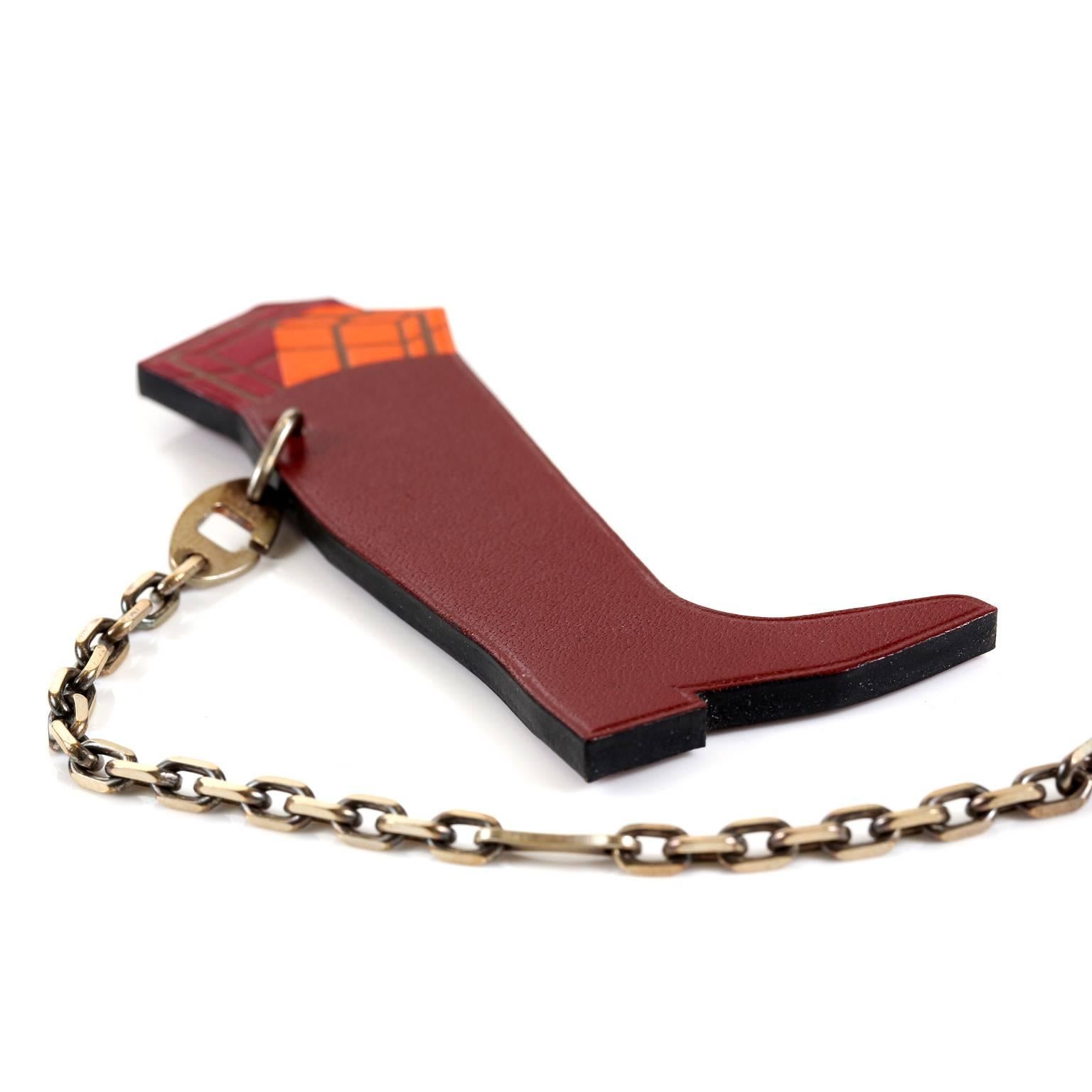 Brown Hermes Hotte Botte Burgundy Leather Keychain For Sale