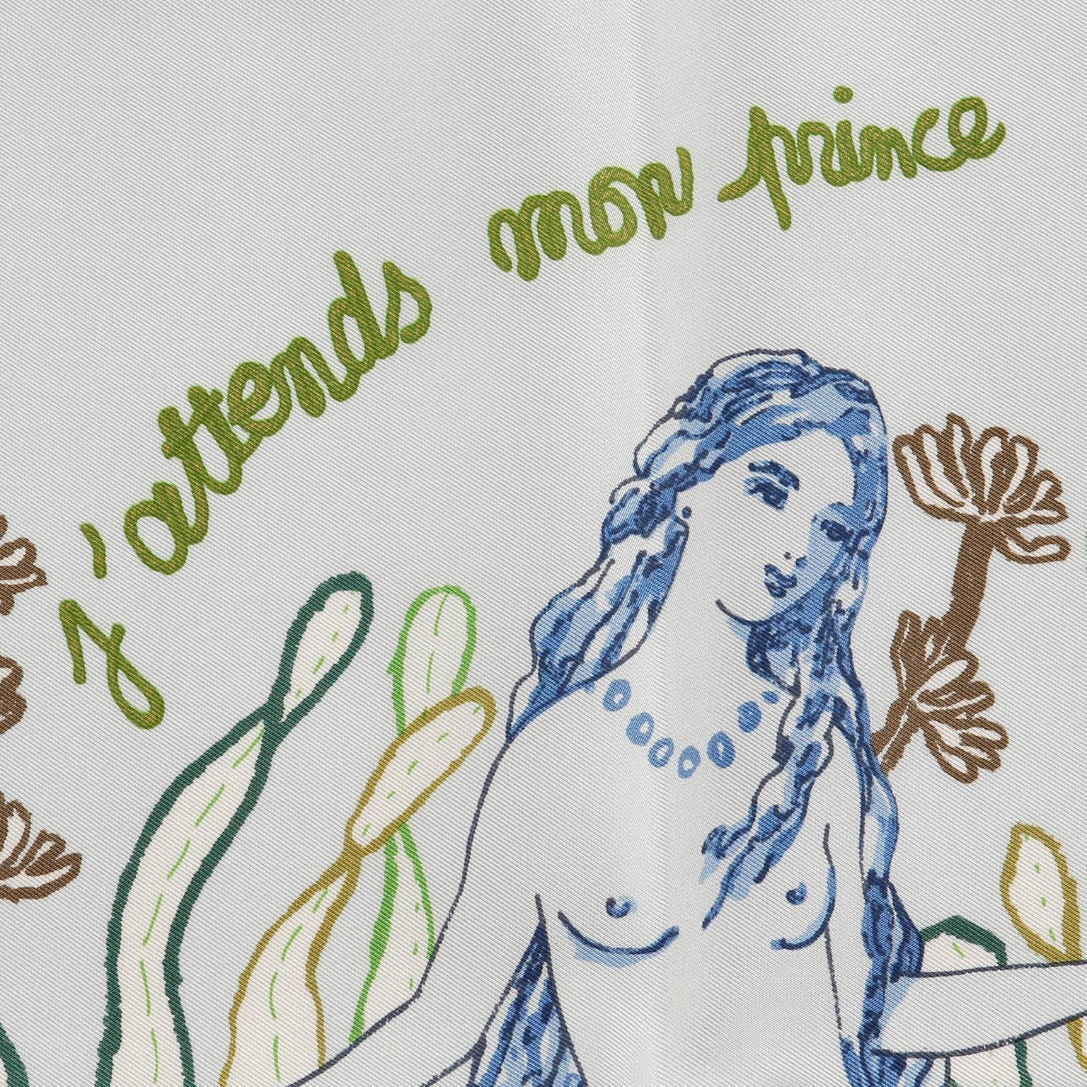 This authentic Hermès J’attends Mon Prince Pochette Gavroche Scarf is new with the original box.   Designed by Agathe Gonnet, the print features a beautiful mermaid beneath the sea.  I Await My Prince.  White background with pale blue, green and