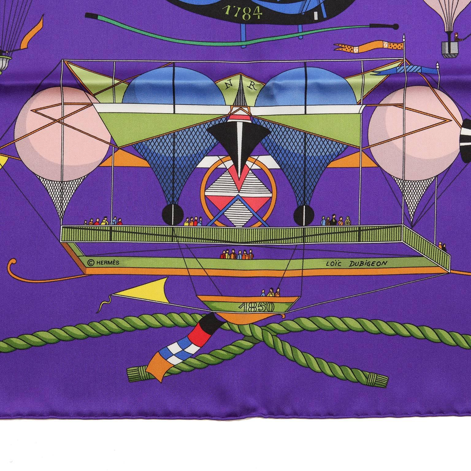 Hermes Purple Les Folies du Ciel 90 cm Silk Scarf In New Condition In Malibu, CA