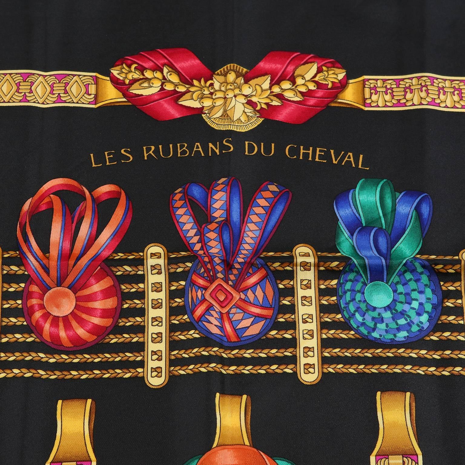 Hermes Black Silk Les Rubans du Cheval 90 cm Scarf In New Condition For Sale In Malibu, CA