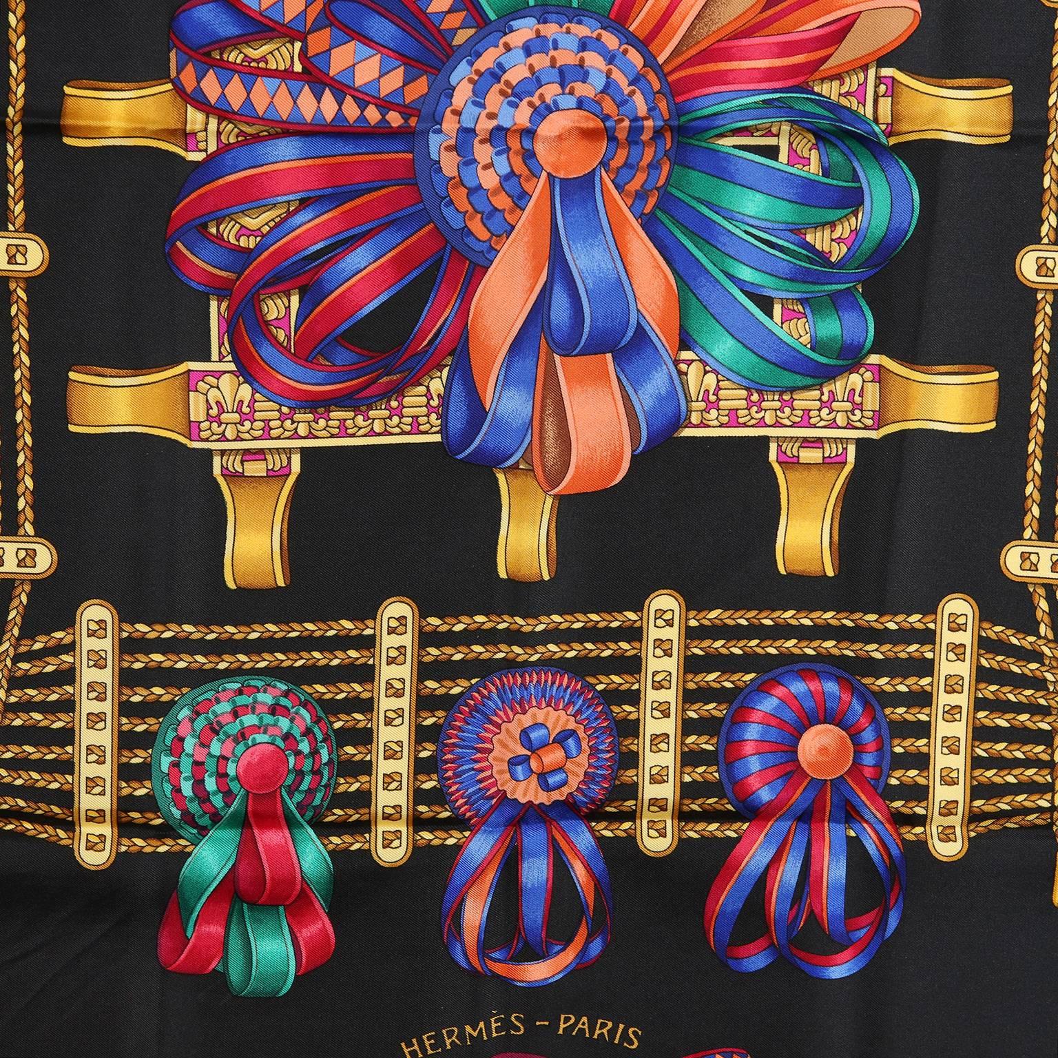 Women's Hermes Black Silk Les Rubans du Cheval 90 cm Scarf For Sale
