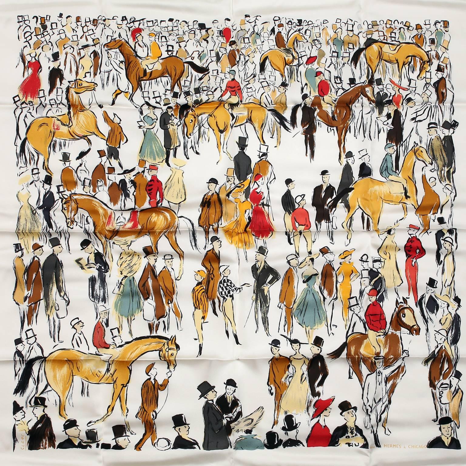 Hermès White Paddock 90 cm Silk Scarf- NEW with the original box
 The limited edition was reissued for the Chicago Boutique opening in 2010. Originally designed by Jean-Louis Clerc, the print features a white and neutral colorway with people and