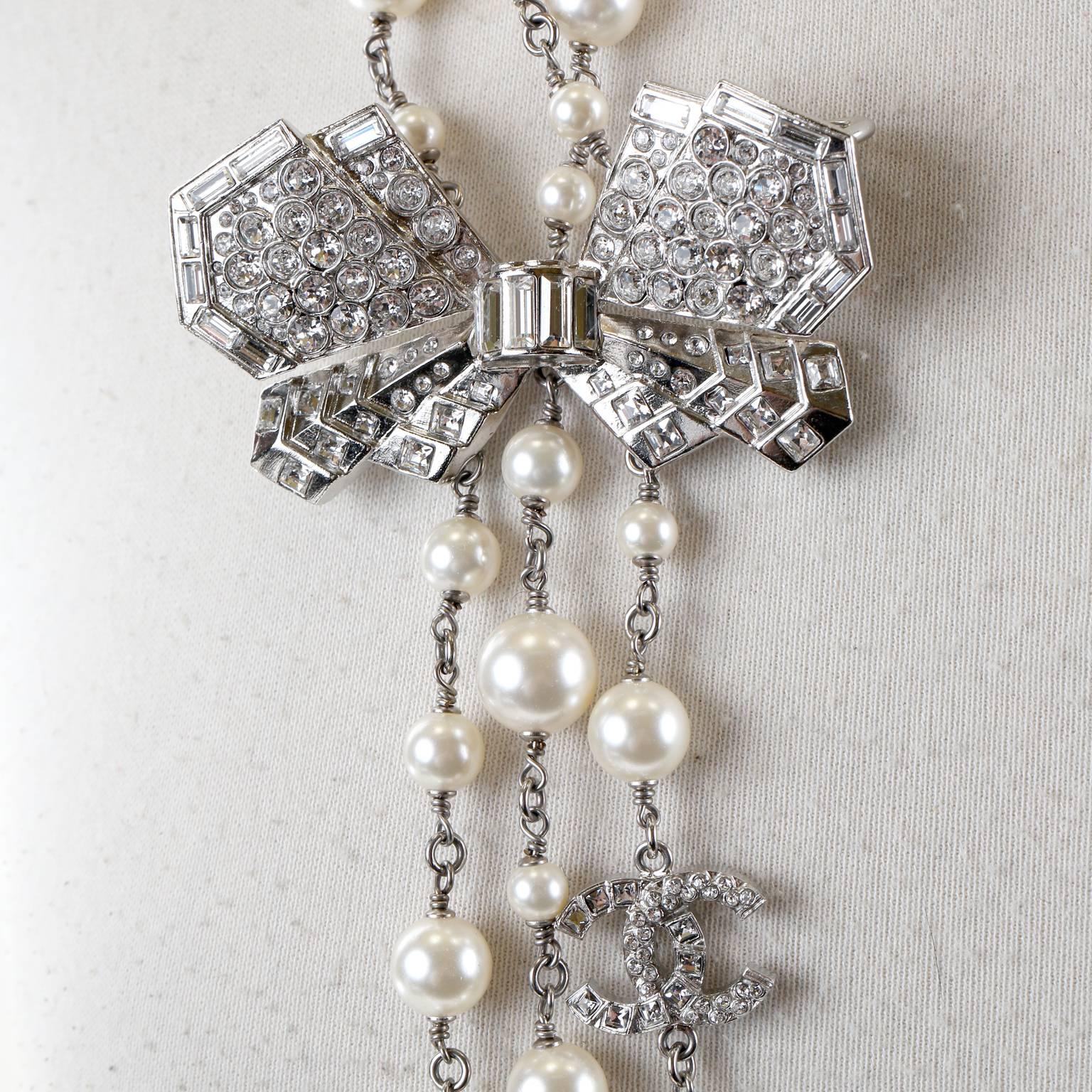 Chanel Crystal Jewel Butterfly Bow Multi Strand Pearl Necklace In New Condition For Sale In Malibu, CA