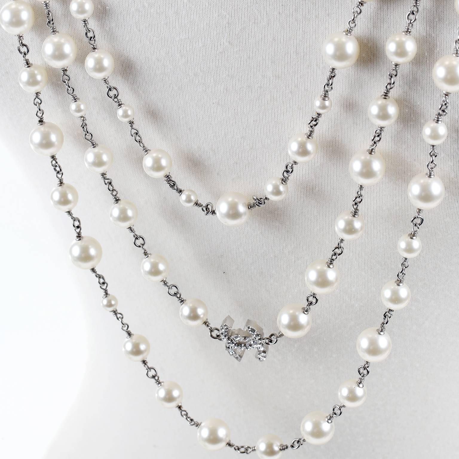 Art Deco Chanel Crystal Jewel Butterfly Bow Multi Strand Pearl Necklace For Sale
