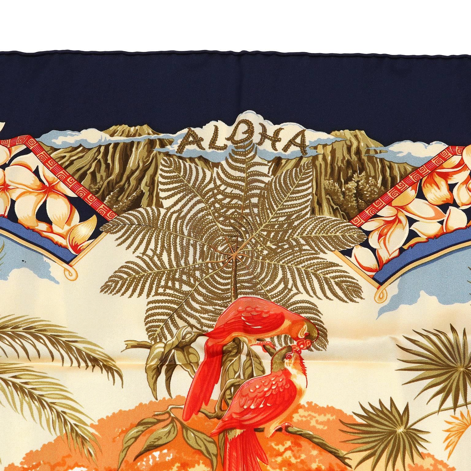 Hermes Blue Aloha Silk Scarf 90 cm In New Condition For Sale In Malibu, CA