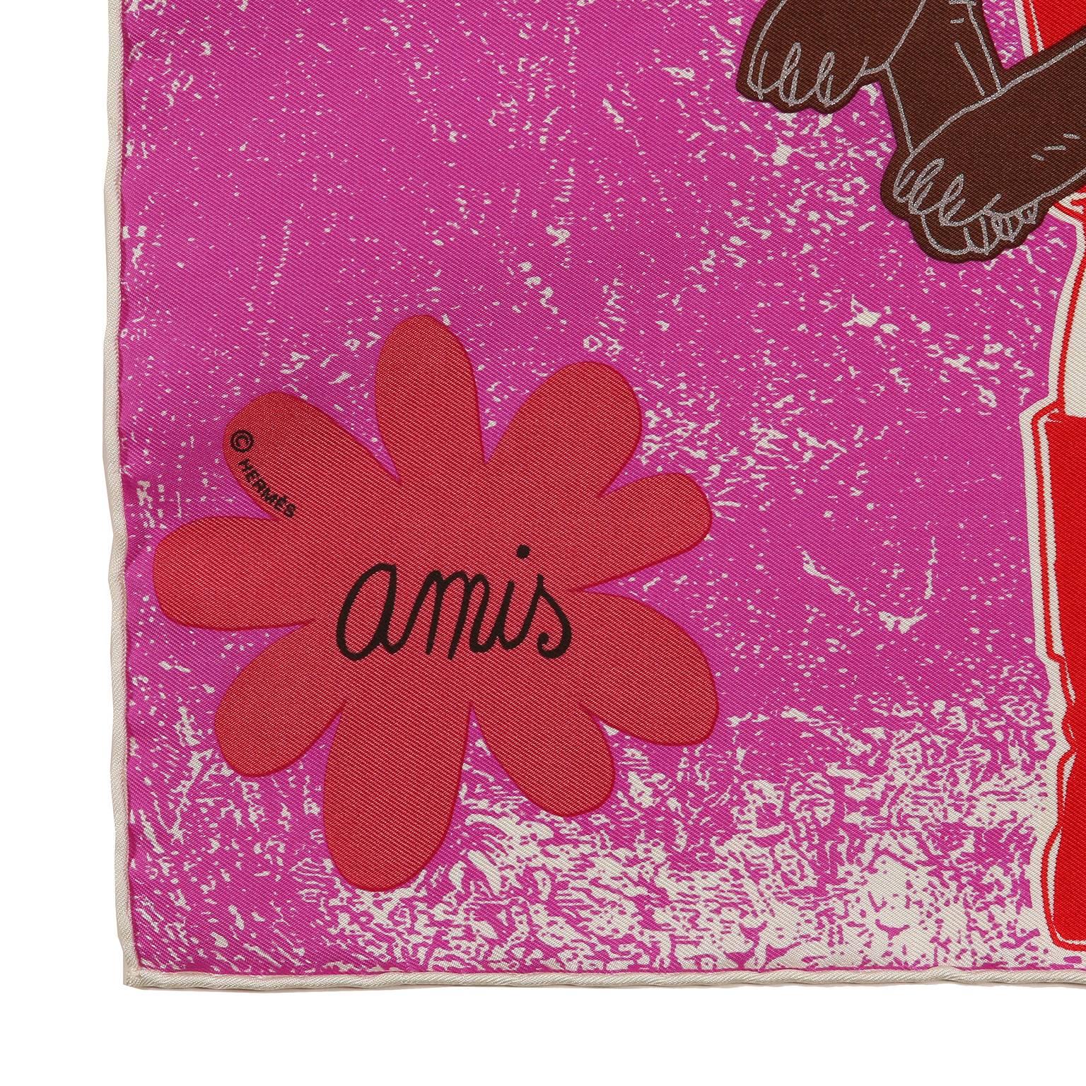 This authentic Hermès Fuchsia Amis Pour La Vie Pochette Scarf is pristine with the box. Issued in 2010 and designed by Agathe Gonnet.  Forest background in fuchsia features a young woman lovingly holding a large wolf or dog in her arms.  “Friends