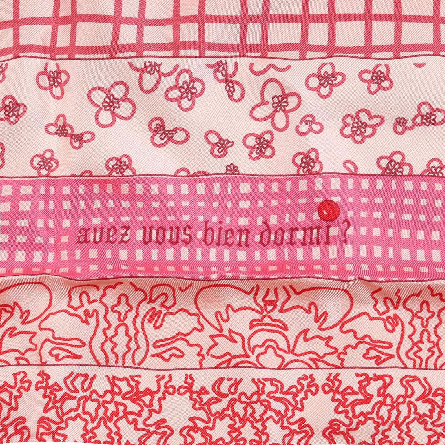 Hermes Pink Avez Vous Bien Dormi Silk Pochette Scarf In New Condition For Sale In Malibu, CA