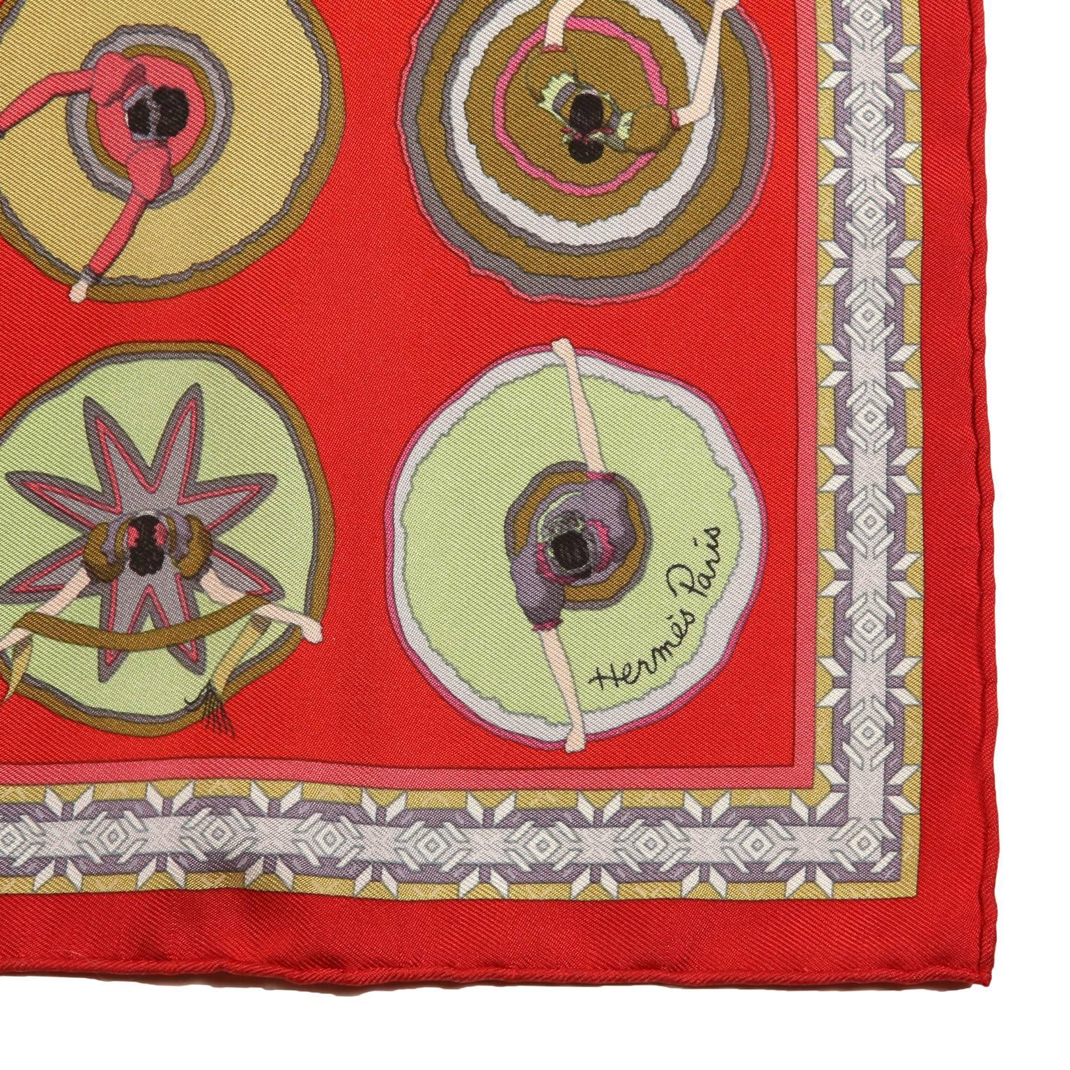 Brown Hermes Red Silk Belles du Mexique Pochette Pocket Square For Sale