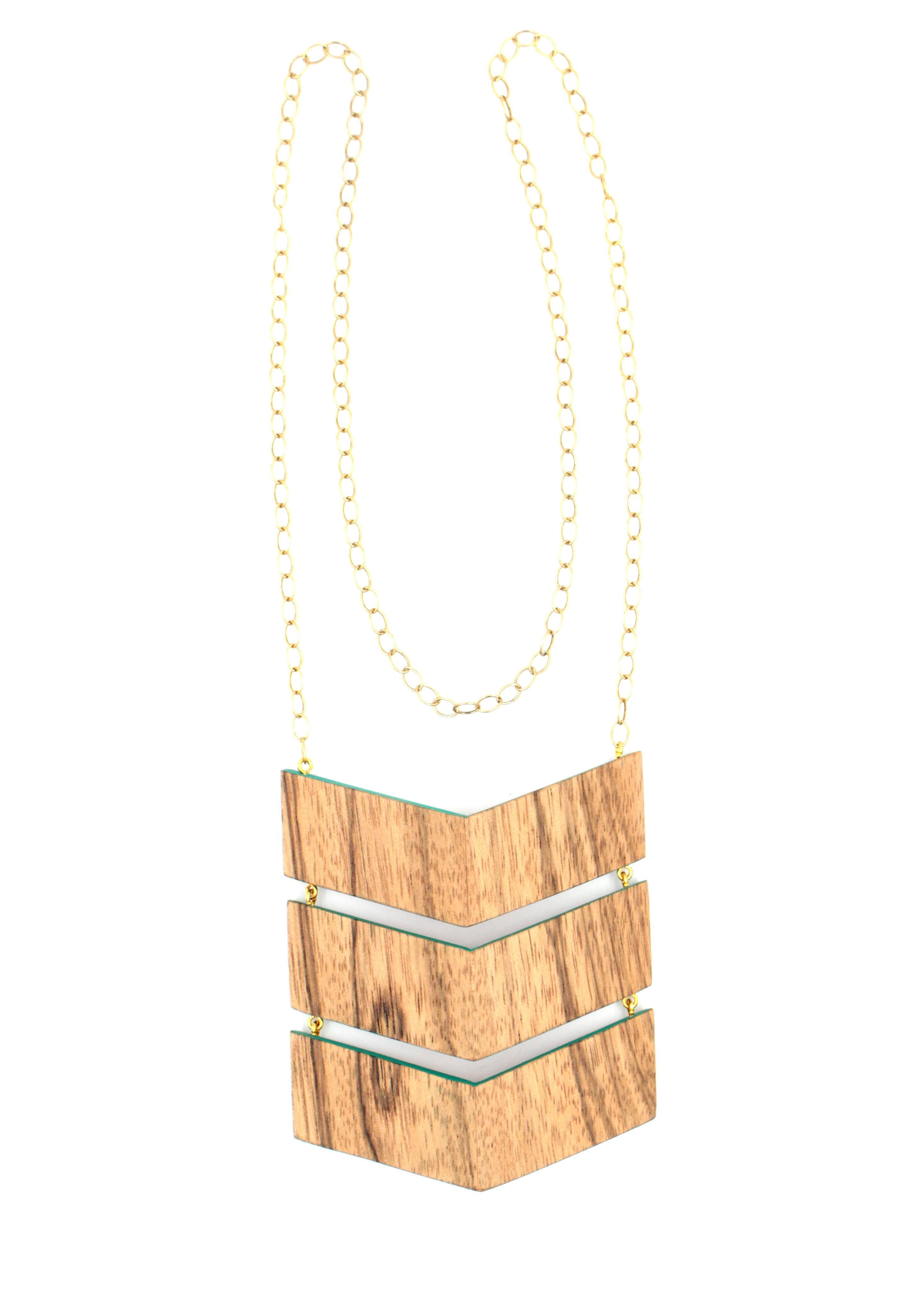 Three-tiered chevron shaped necklace with matching wood grain and blue-green accents.