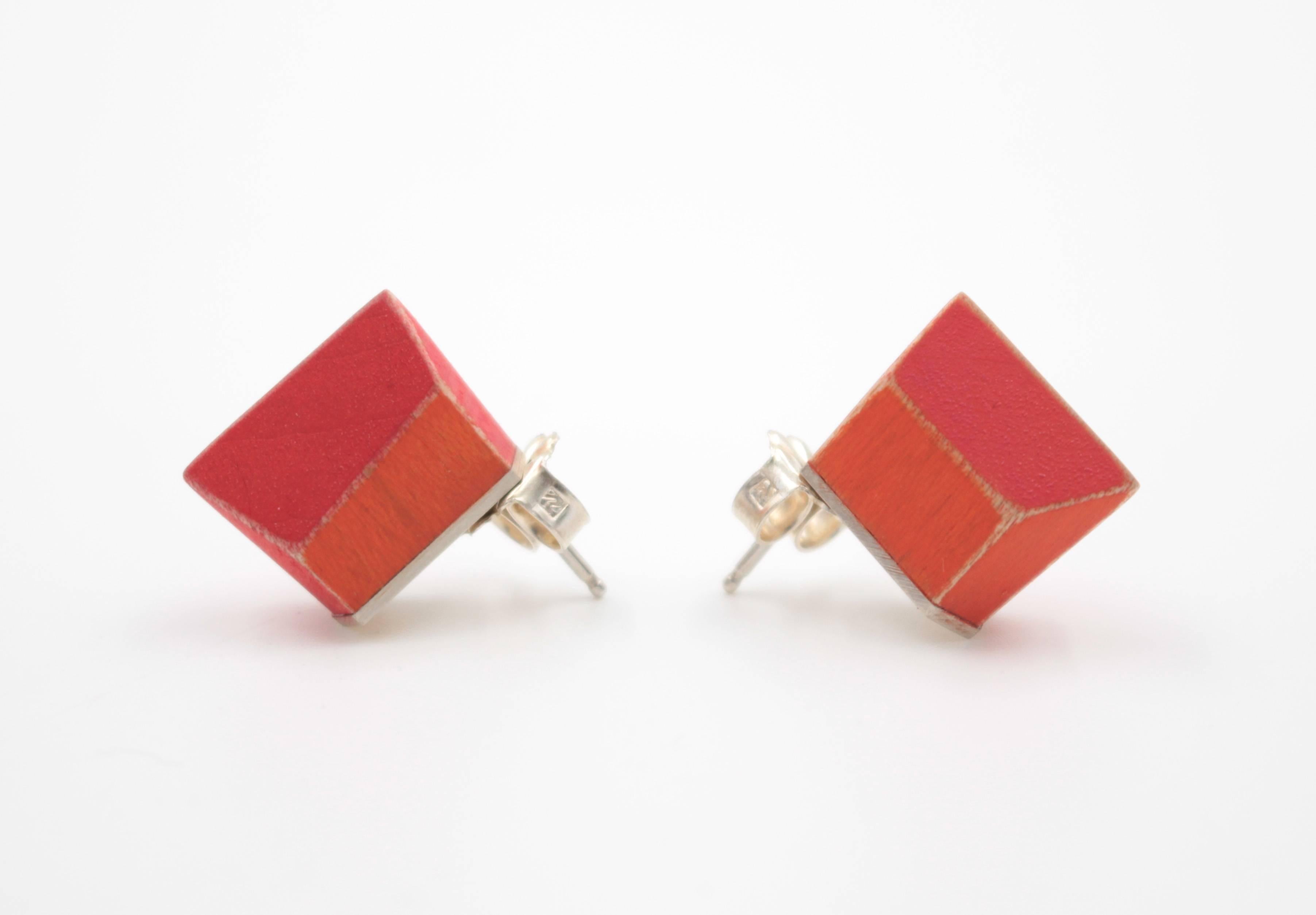 The Sterling Silver and painted maple wood Sugar Chunk Post Earrings measure .5 x .25 x .5 in.
