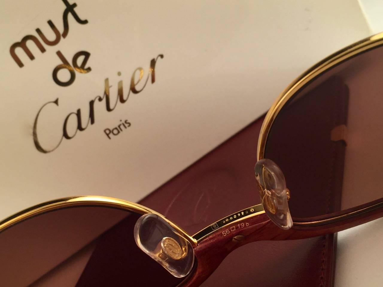 Women's or Men's New Cartier Wood Malmaison Precious Wood Palisander and Gold 56mm Sunglasses 