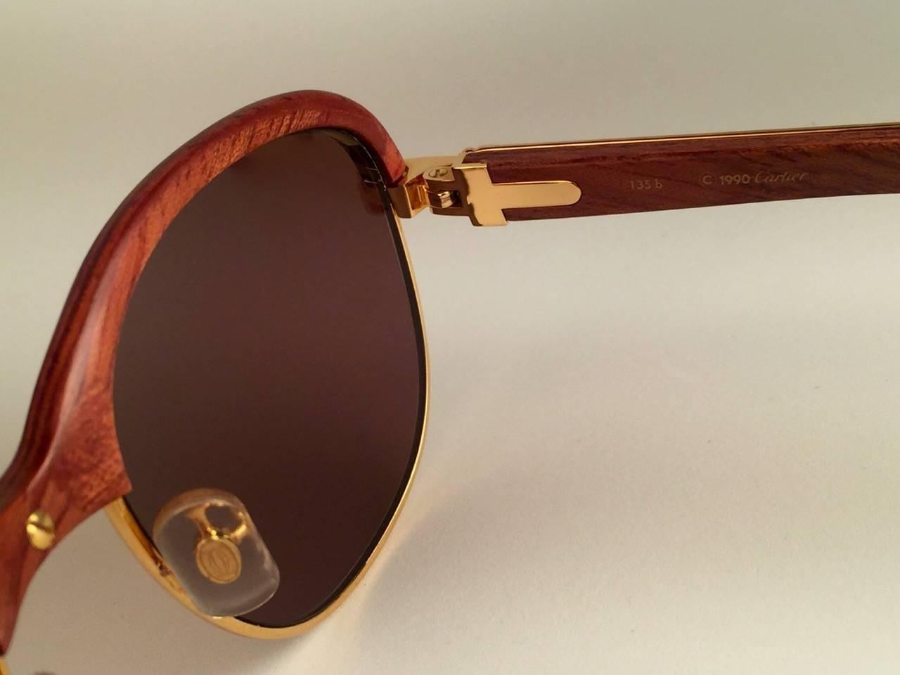 Brown New Cartier Wood Malmaison Precious Wood Palisander and Gold 56mm Sunglasses 