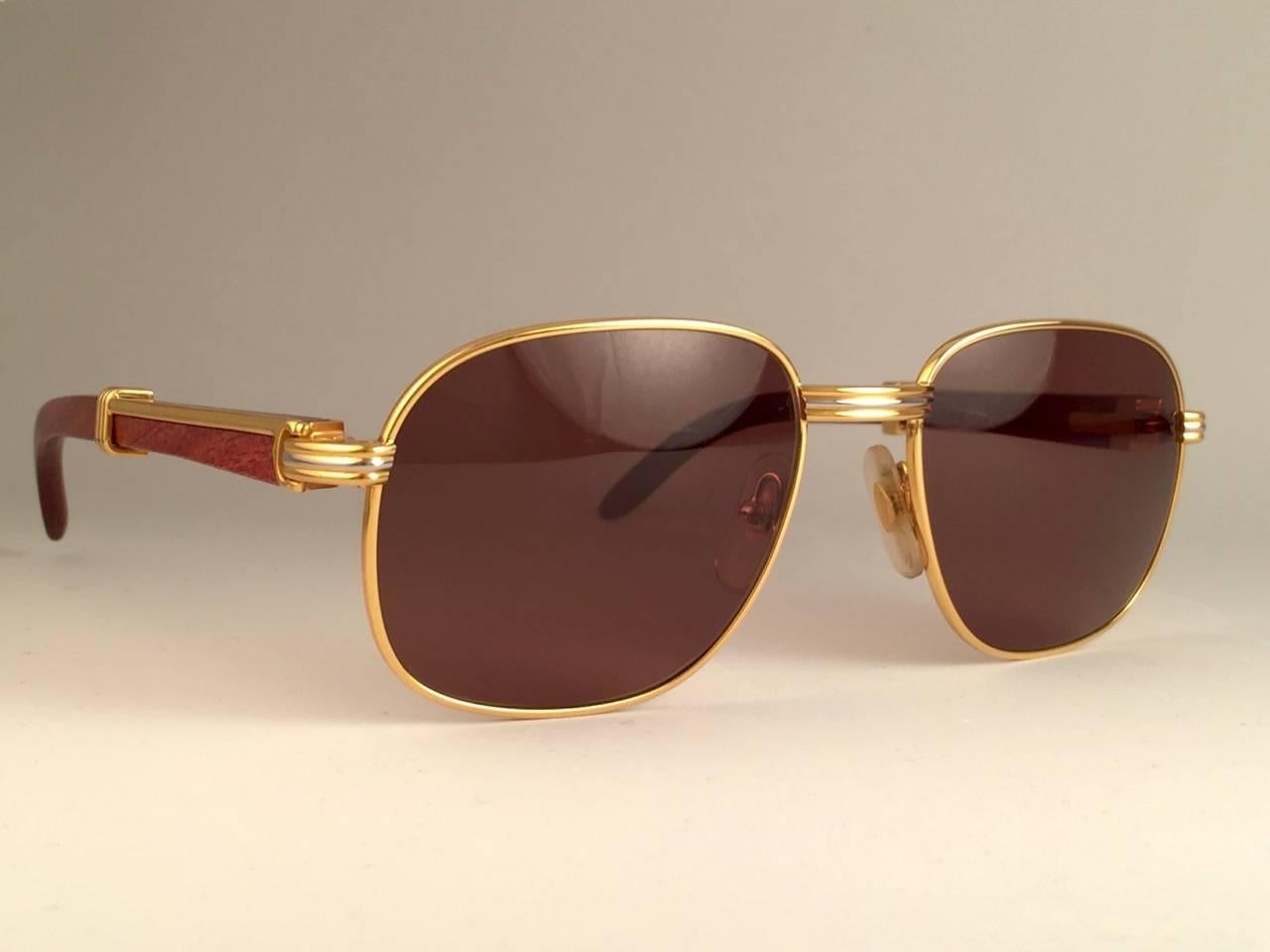 New Cartier Wood Monceau Gold & Wood 53MM Brown Lenses France Sunglasses In New Condition In Baleares, Baleares