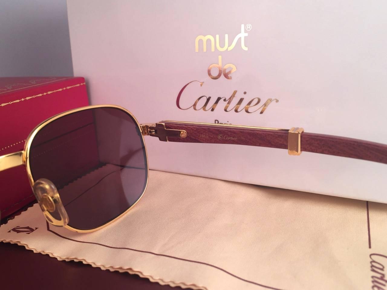 Women's or Men's New Cartier Wood Monceau Gold & Wood 53MM Brown Lenses France Sunglasses
