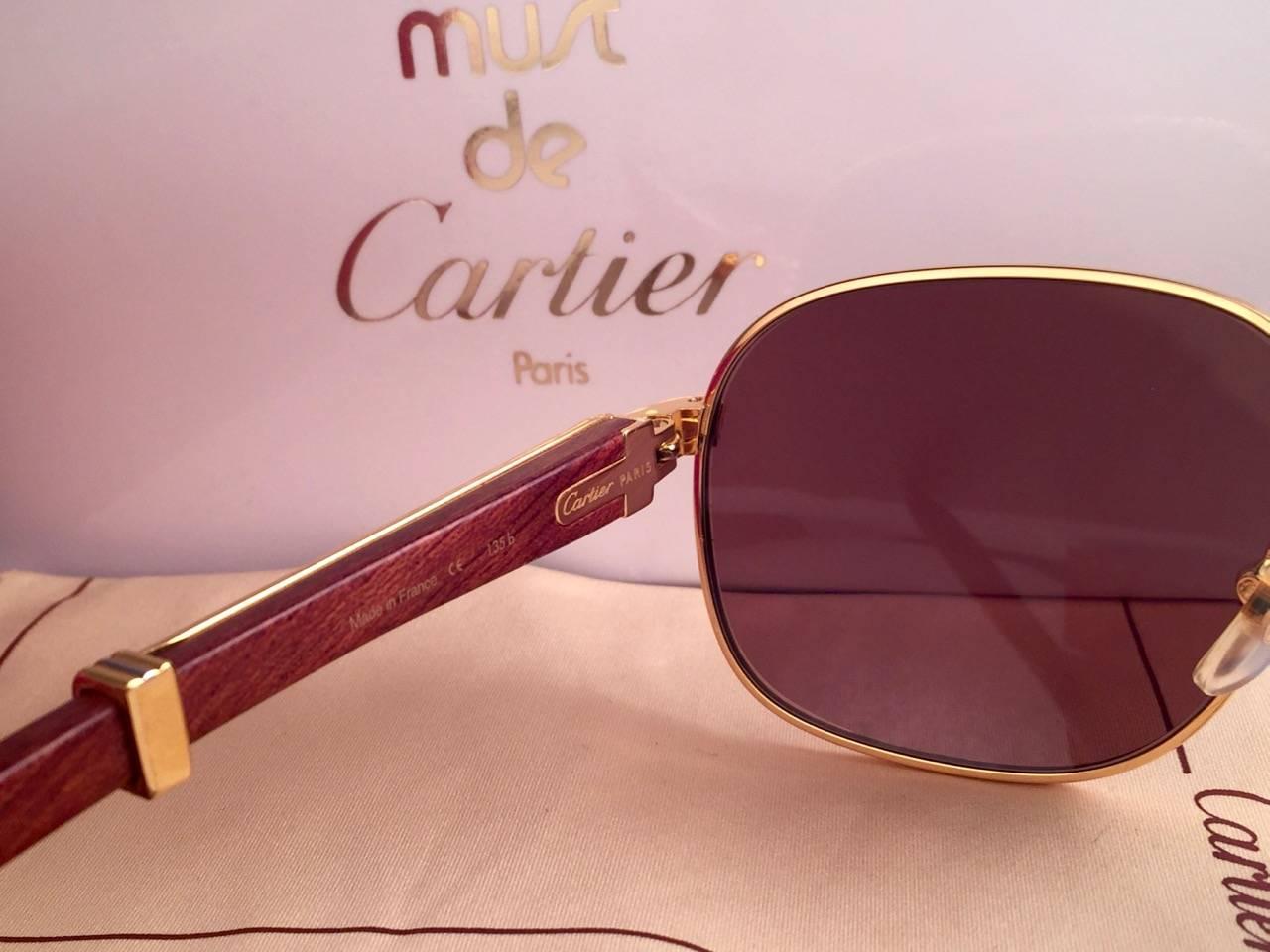 New Cartier Wood Monceau Gold & Wood 53MM Brown Lenses France Sunglasses 1