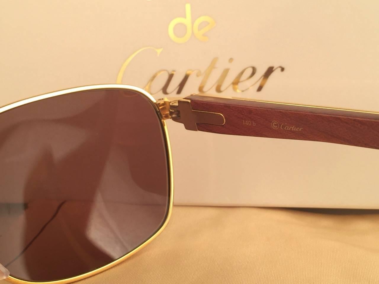 Women's or Men's New Cartier Wood Amboise Gold & Precious Wood 56MM Sunglasses Brown Lens France