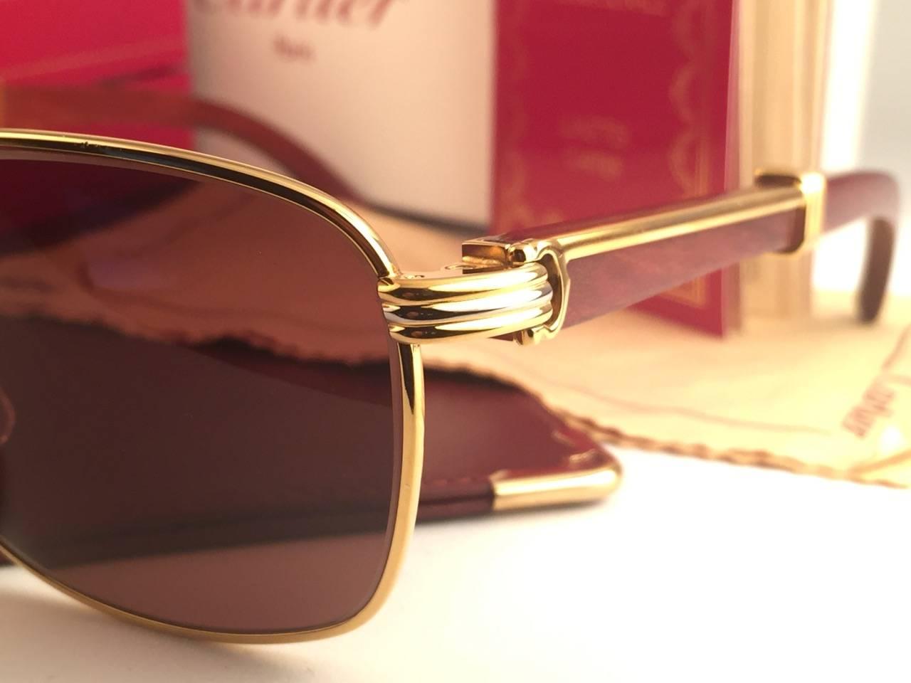 Neu Cartier Wood Amboise Gold & Precious Wood 56MM Sonnenbrille Brown Lens Frankreich (Braun)