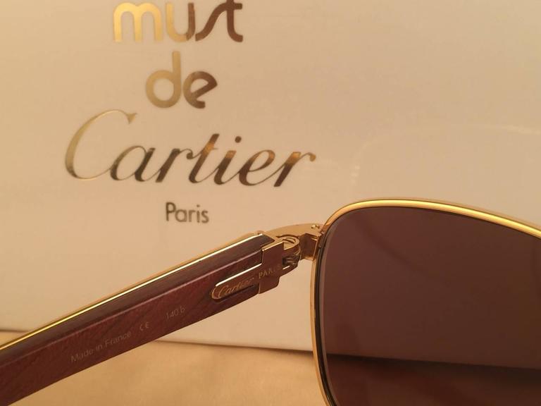 New Cartier Wood Amboise Gold and Precious Wood 56MM Sunglasses Brown Lens France at 1stDibs
