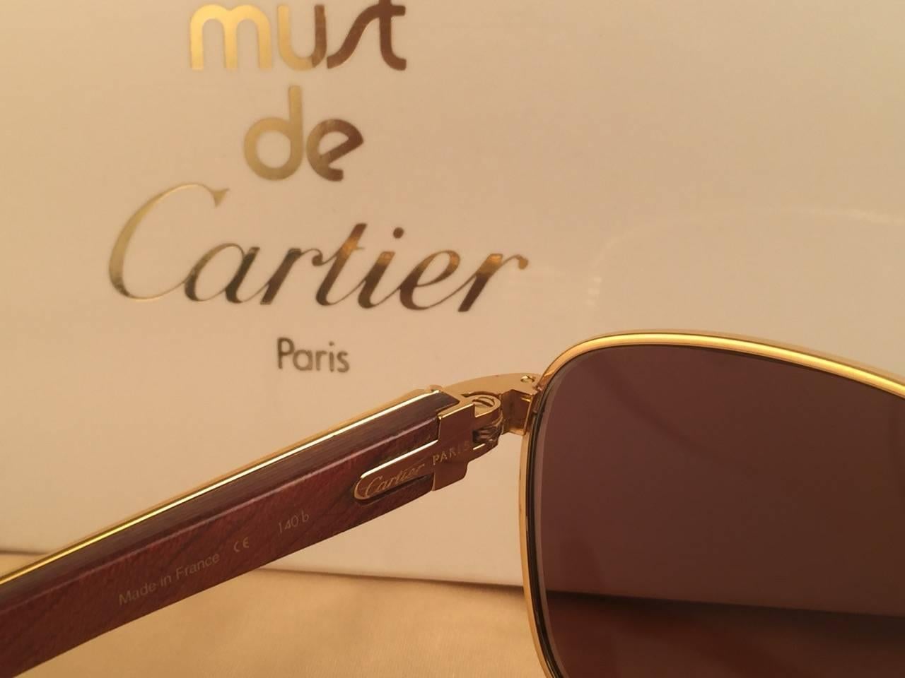 New Cartier Wood Amboise Gold & Precious Wood 56MM Sunglasses Brown Lens France In New Condition In Baleares, Baleares