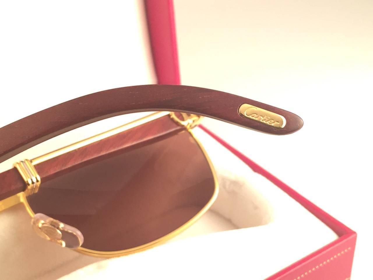 New Cartier Wood Amboise Gold & Precious Wood 56MM Sunglasses Brown Lens France 1