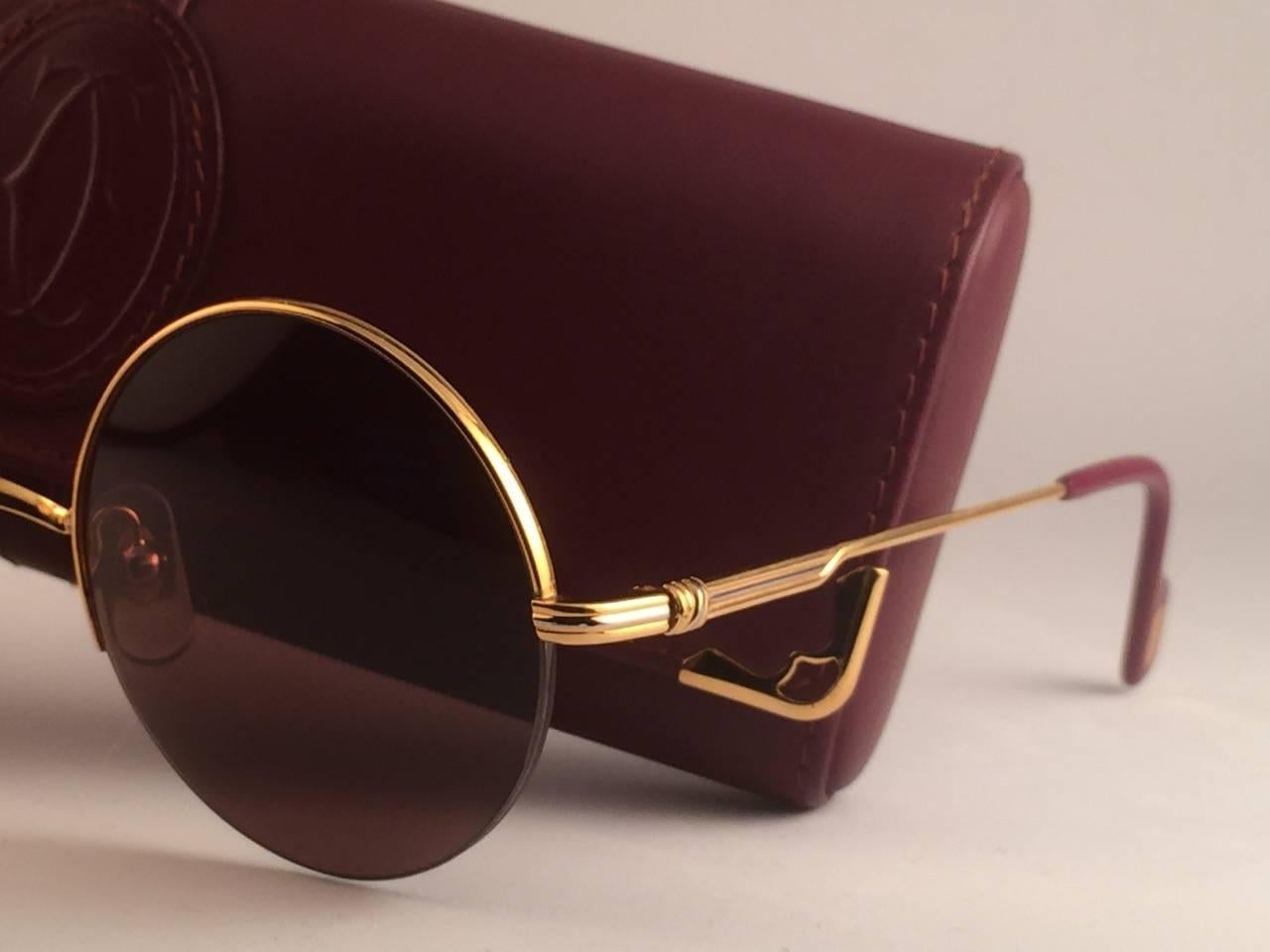 Women's or Men's New Cartier Mayfair Round Half Frame Gold 47mm Brown Lens France Sunglasses