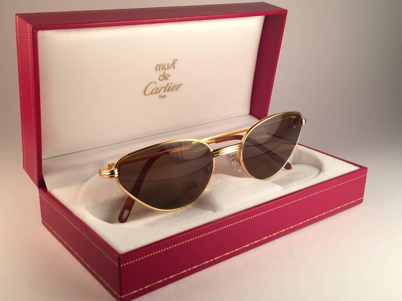 Brown New Cartier Rivoli Vendome 54mm Cat Eye Sunglasses 18k Heavy Plated France