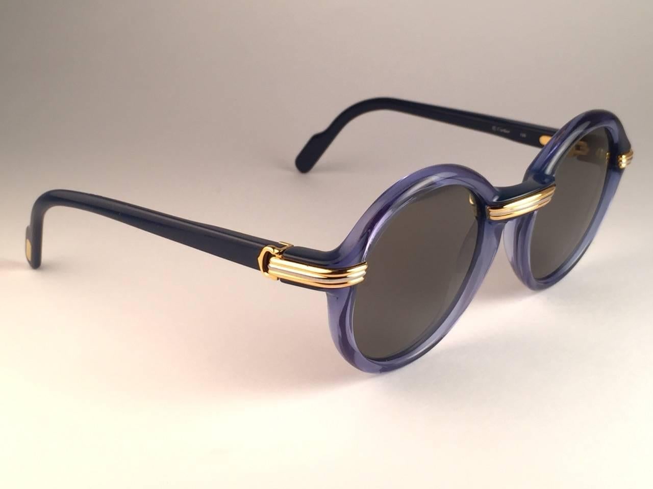 Black New Cartier Cabriolet Round Translucent Blue & Gold 49MM 18K Sunglasses France