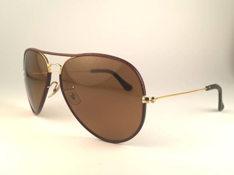 New Vintage Ray Ban Leathers Aviator Tobacco Brown 62Mm B&L Sunglasses ...