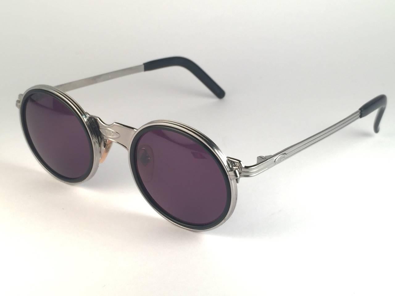Gray New Jean Paul Gaultier 56 3272 Round Silver Black Inserts Grey Lens 1990's Japan