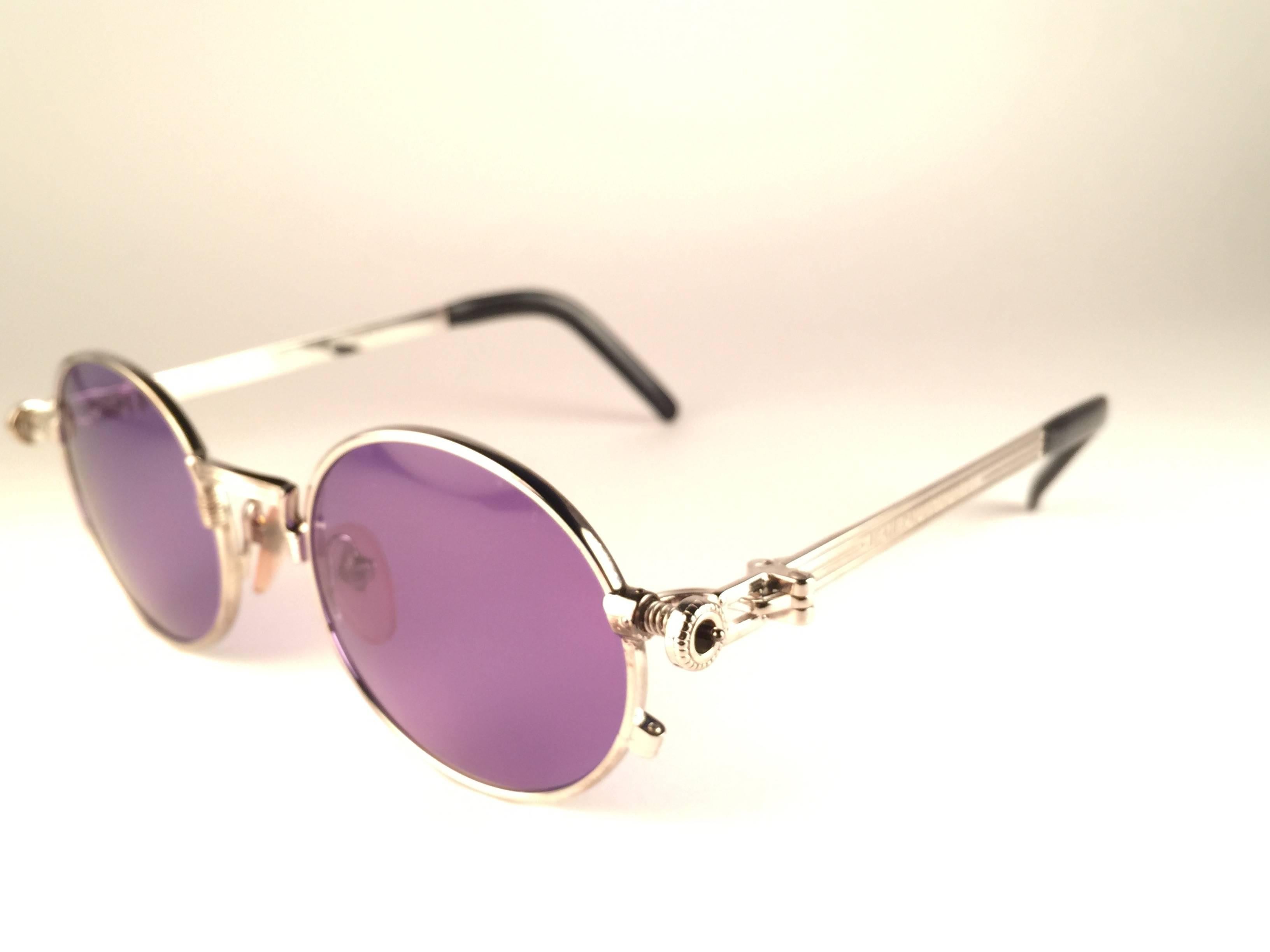 Gray New Jean Paul Gaultier 56 4178 Round Silver Dark Purple Sunglasses 1990's Japan
