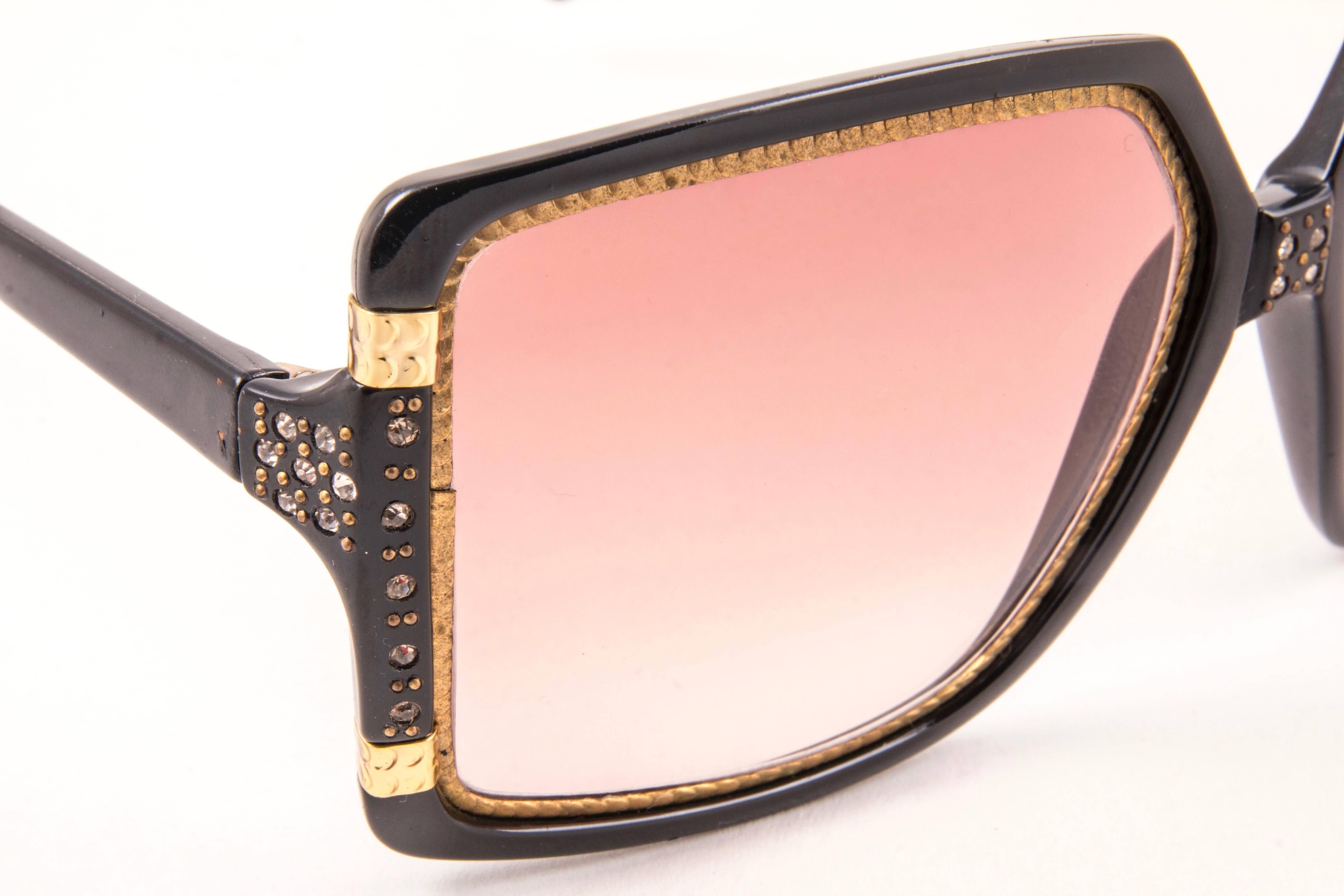 Women's New Vintage Ted Lapidus Paris TL Strass Accents Gold Black 1970 Sunglasses