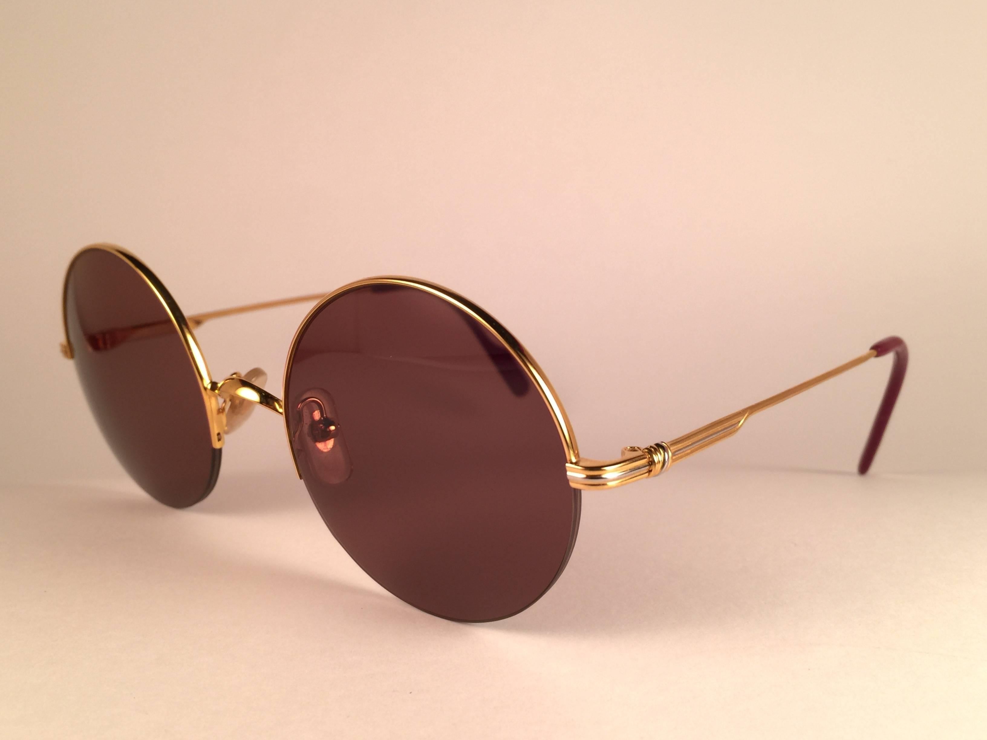 Beige New Cartier Mayfair Round Half Frame Gold 49mm Brown Lens France Sunglasses