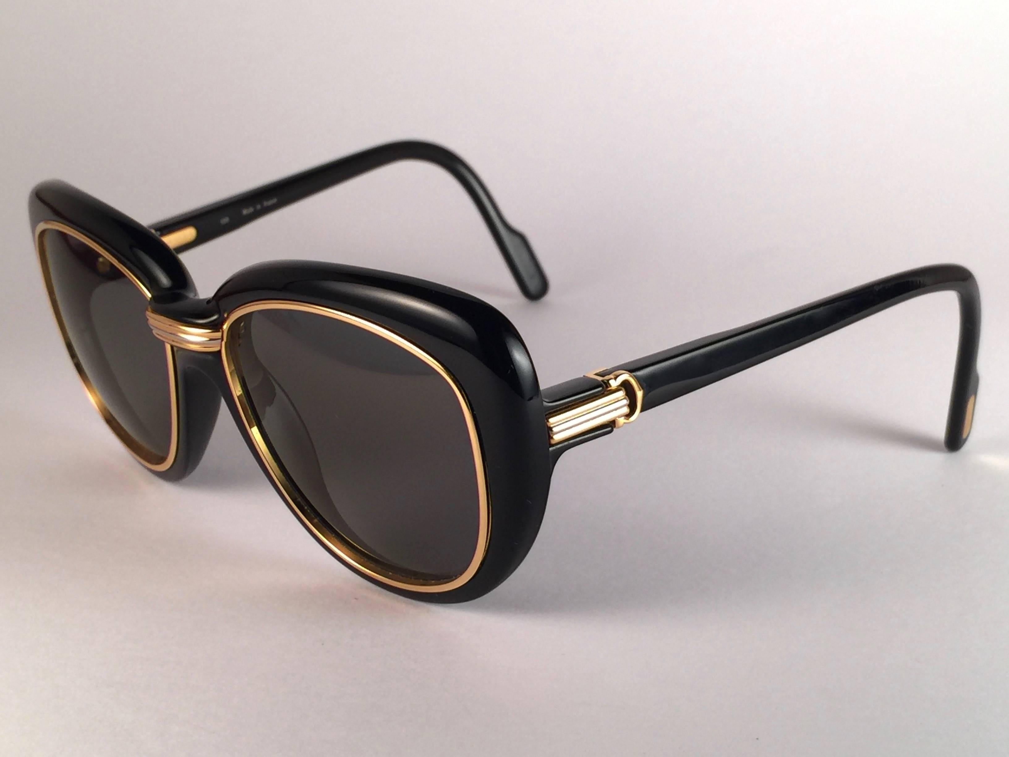 Women's New Vintage Cartier Conquete  57mm Black Gold & Yellow Inserts France Sunglasses