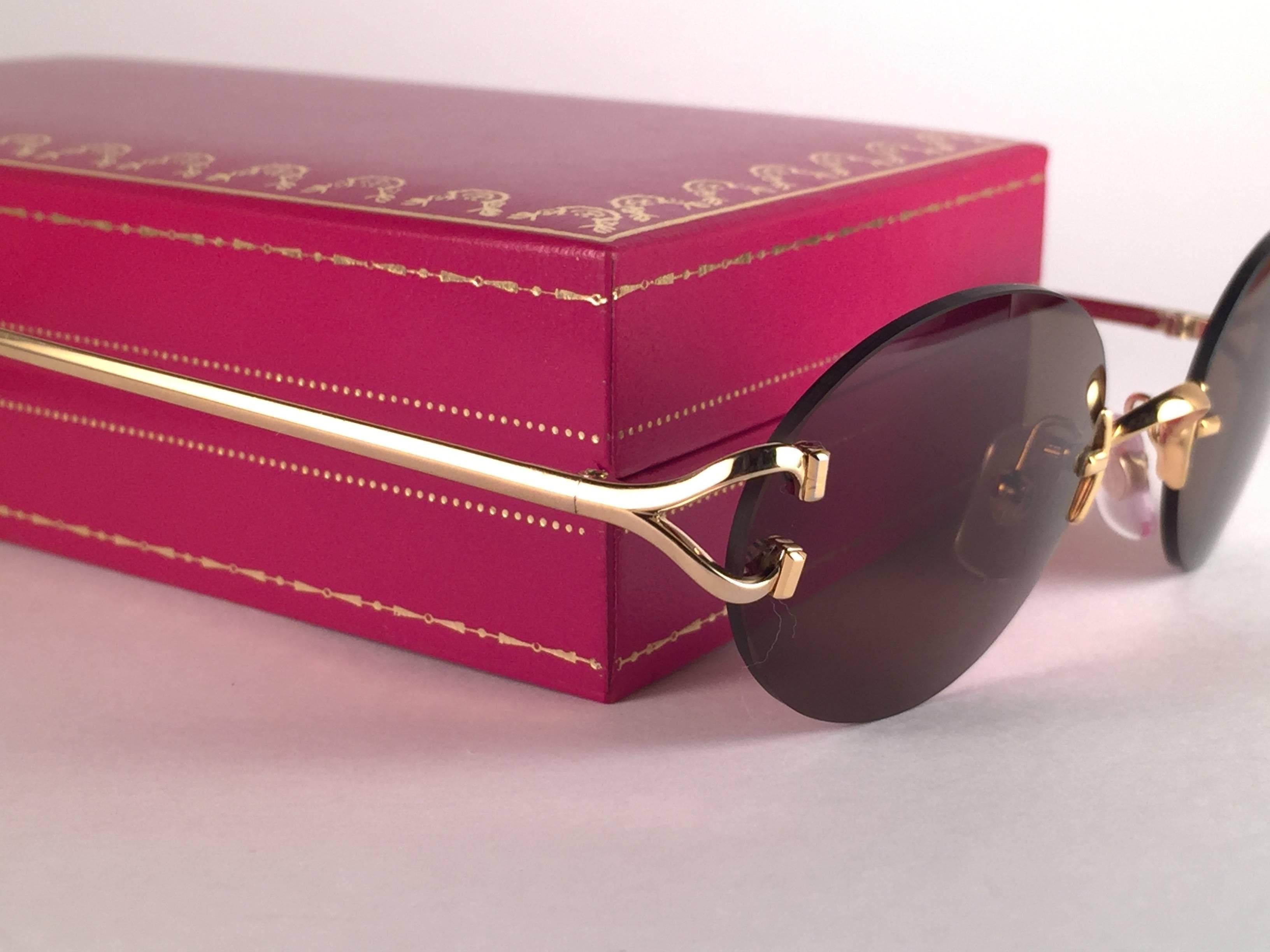 Beige New Vintage Cartier Scala 45mm Gold Rimless Brown Lens Case France Sunglasses