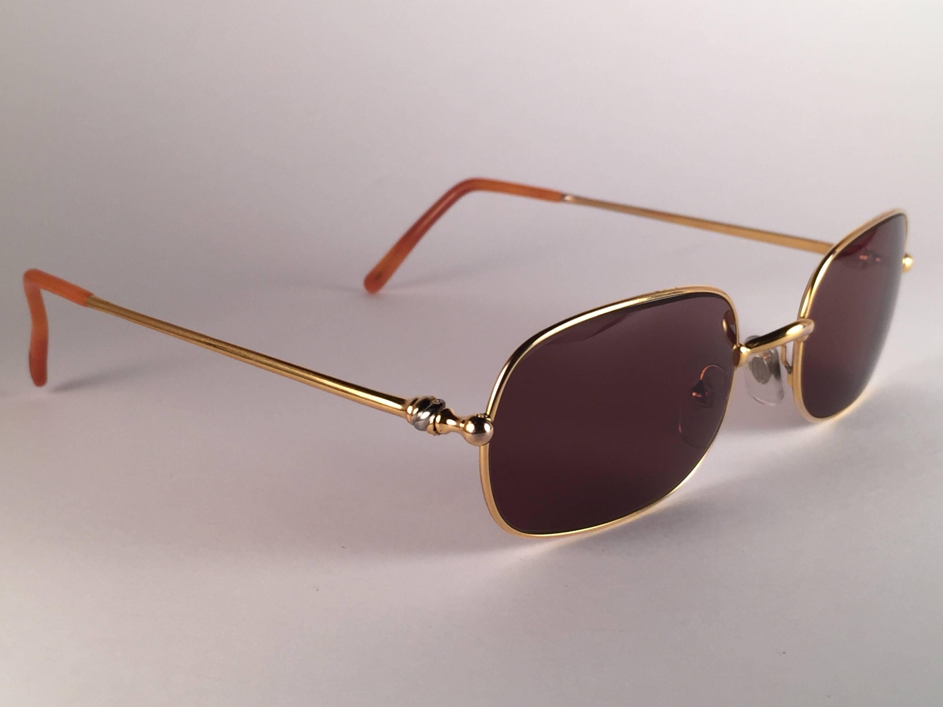Women's or Men's New Vintage Cartier Deimios Gold Plated Solid Brown Lens France 1990 Sunglasses