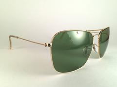 New Vintage Ray Ban Caravan Gold  58MM RB3 Green Lenses 1970's B&L Sunglasses