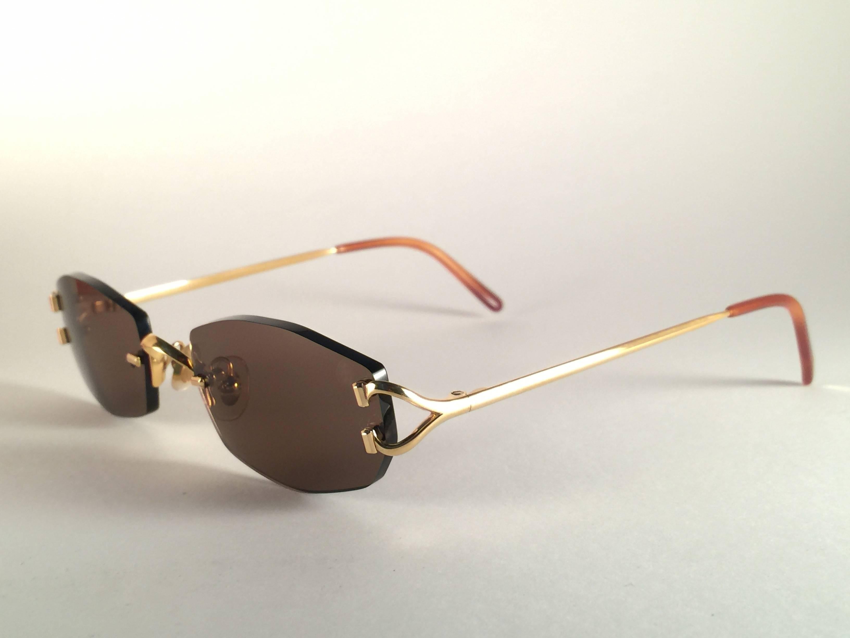 Beige New Vintage Cartier Capri Gold 49mm Rimless Brown Lens France Sunglasses