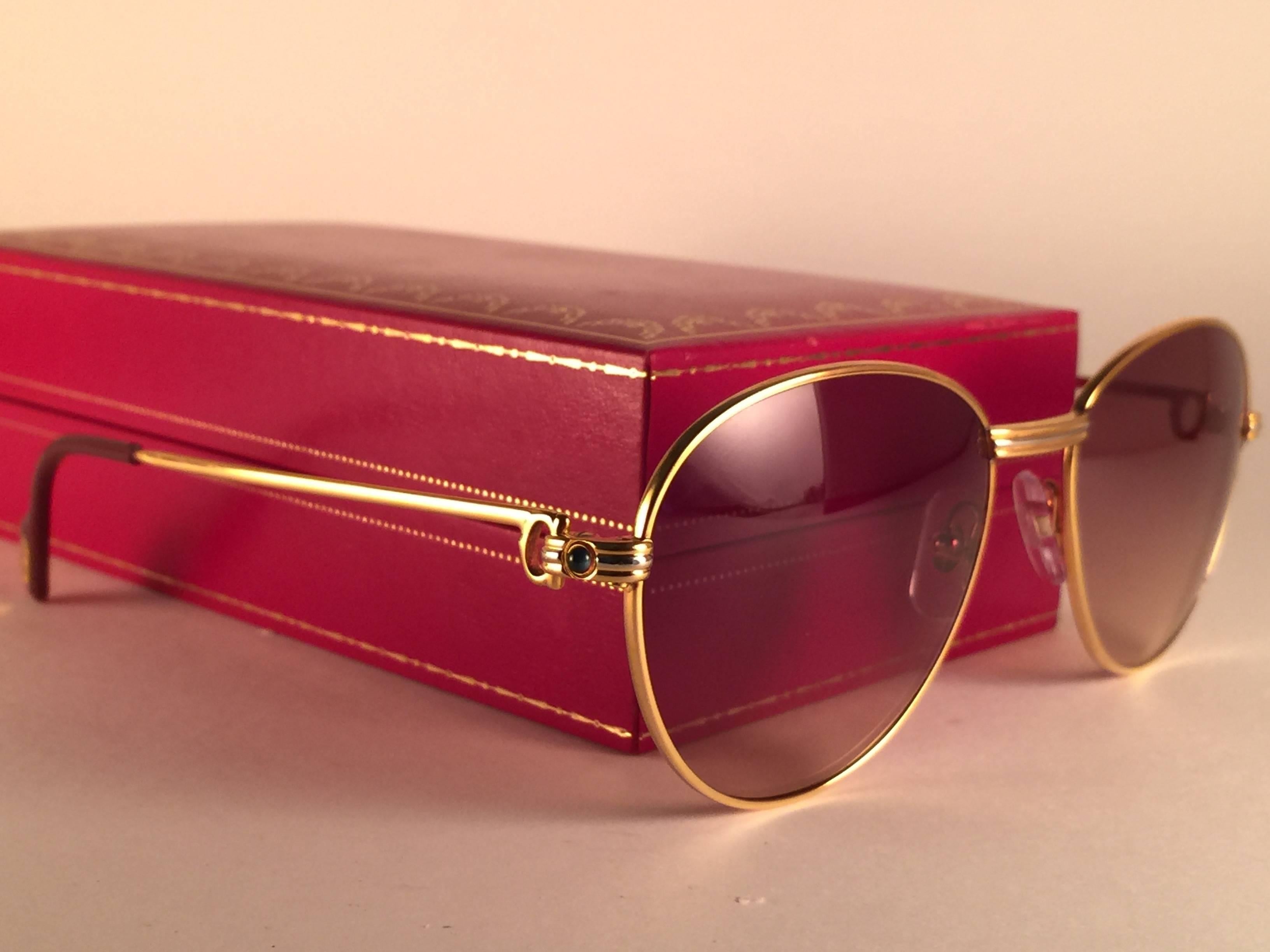 Women's or Men's New Vintage Cartier Louis Sapphire 55mm Sunglasses Heavy Gold Plated 18k France