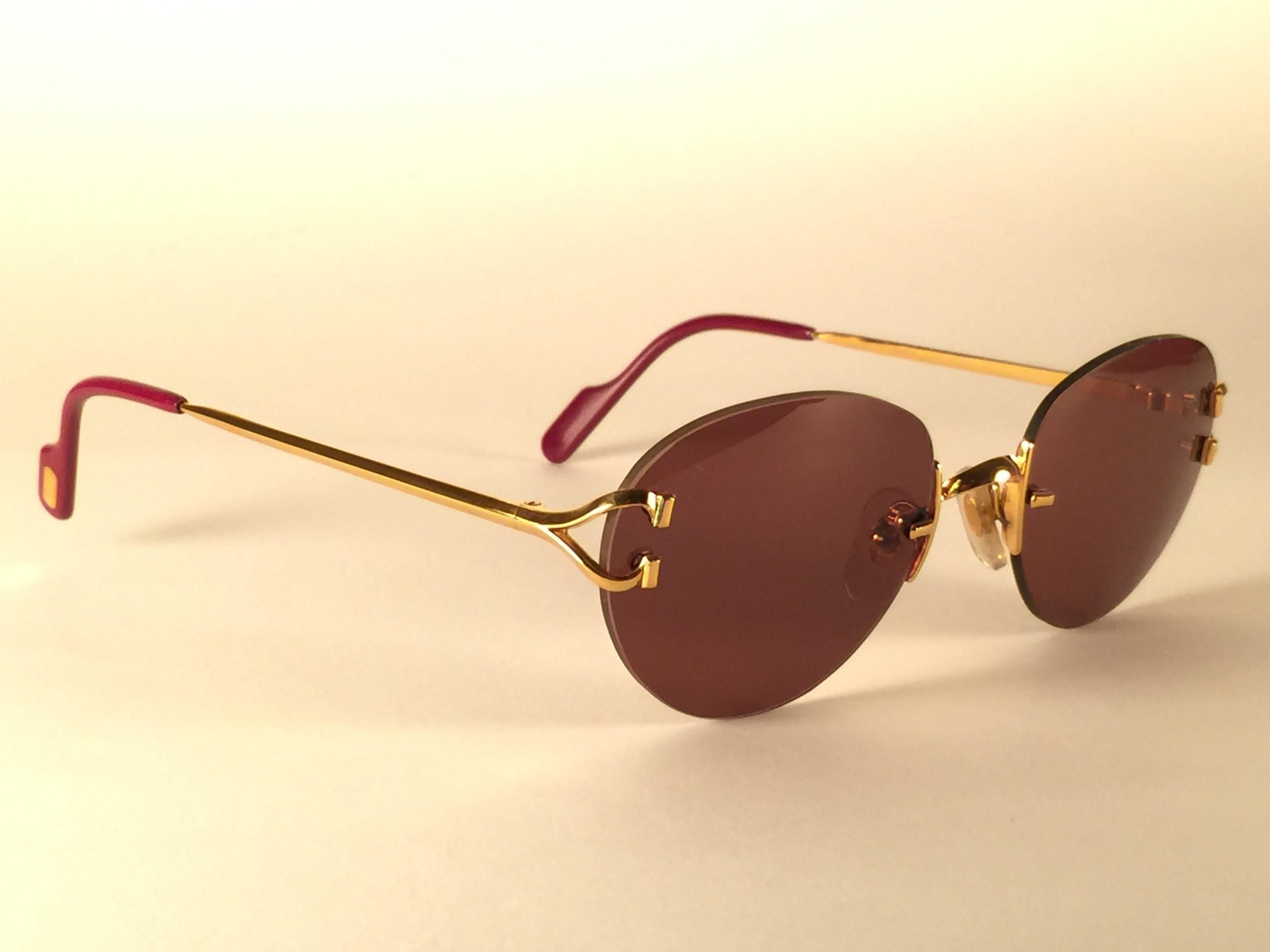 Beige New Vintage Cartier Portofino Gold 50mm Rimless Brown Lens France Sunglasses