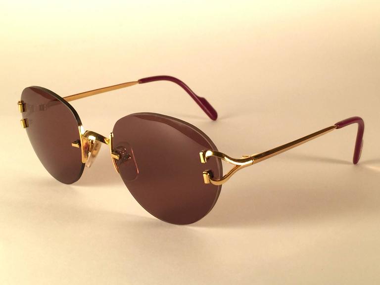 New Vintage Cartier Portofino Gold 50mm Rimless Brown Lens France