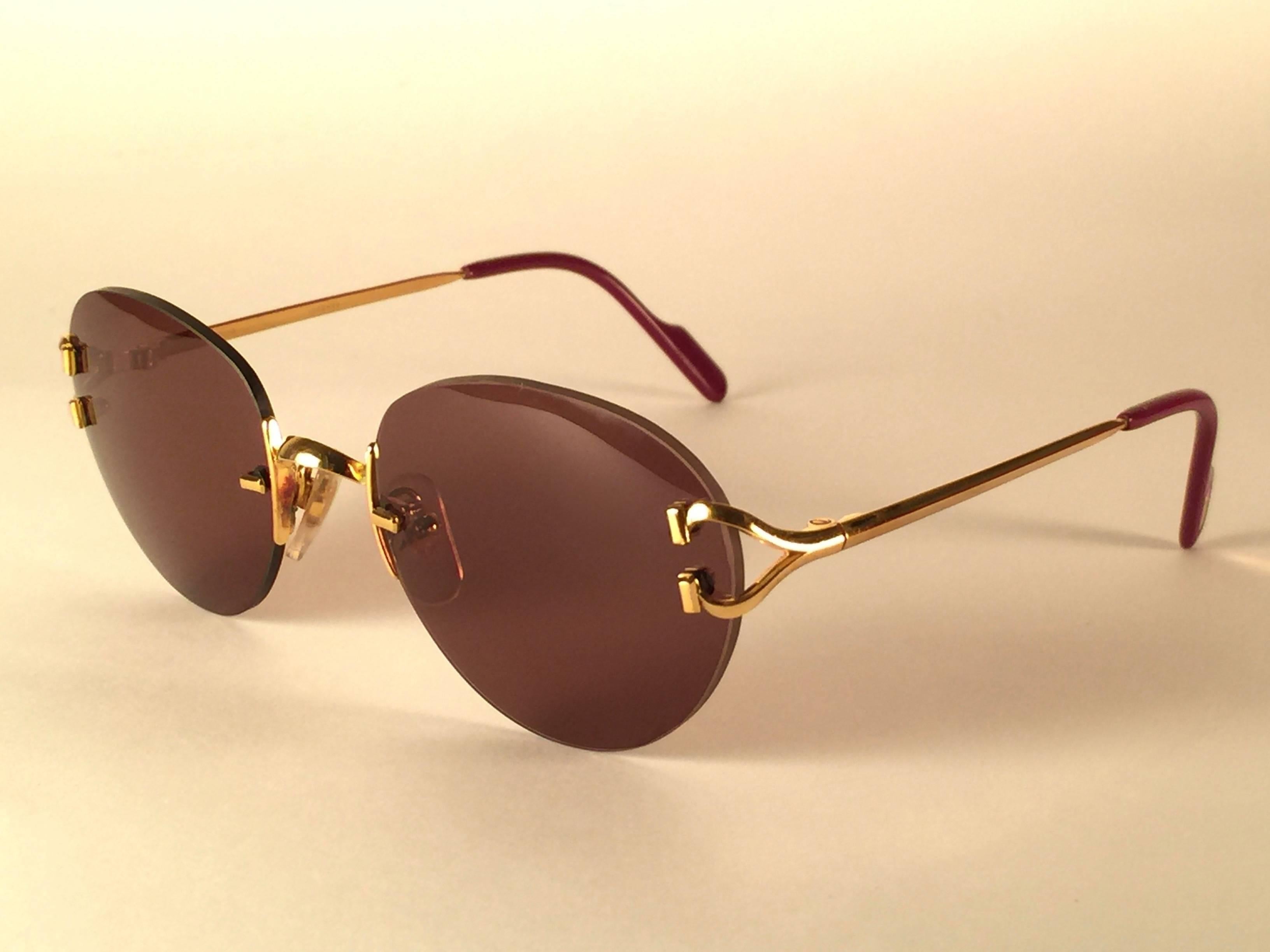 New Vintage Cartier Portofino Gold 50mm Rimless Brown Lens France Sunglasses In New Condition In Baleares, Baleares