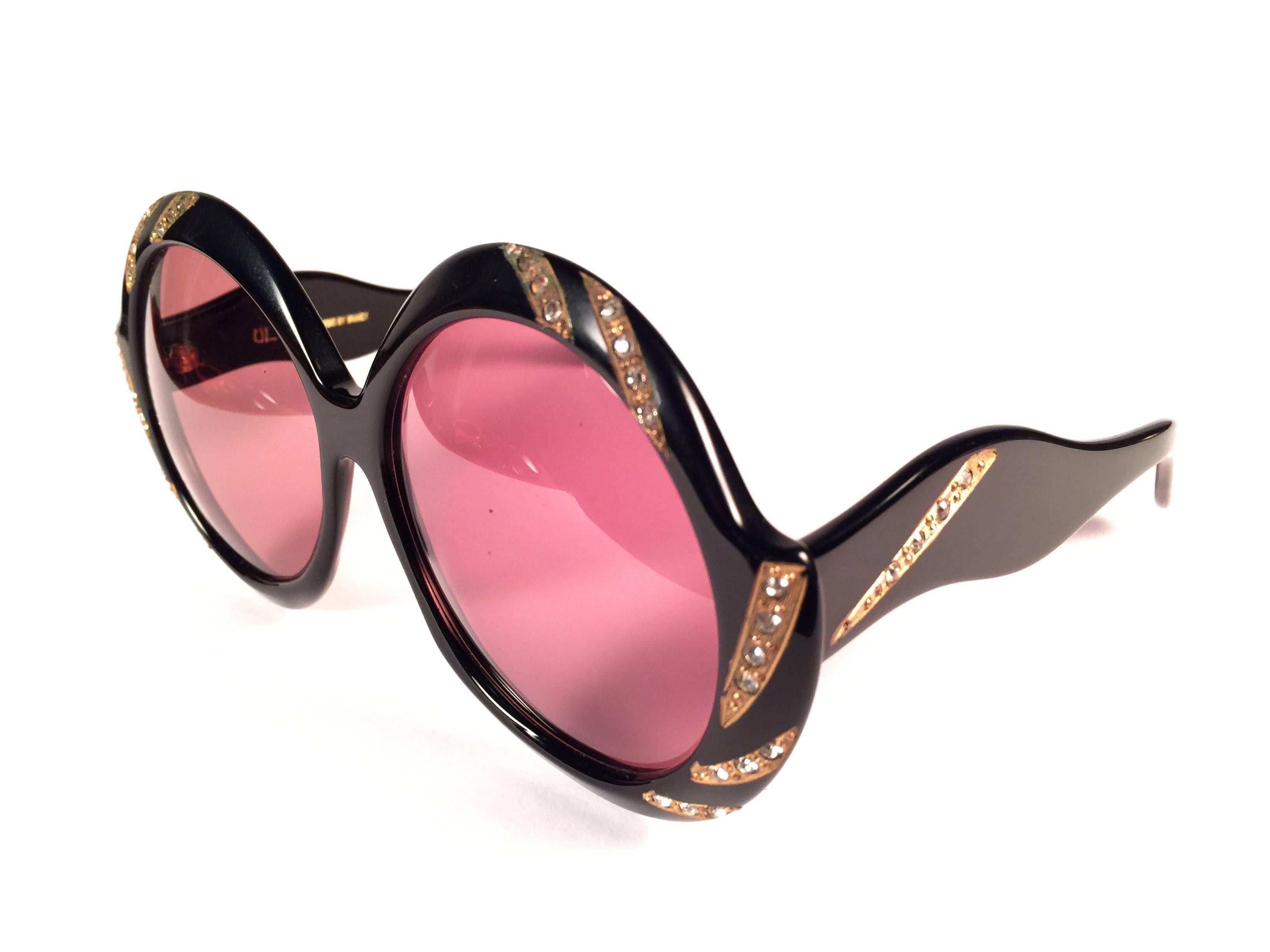 Pink New Vintage Ultra Sudan Black Rhinestones Rose Lens Oversized 1960's Sunglasses