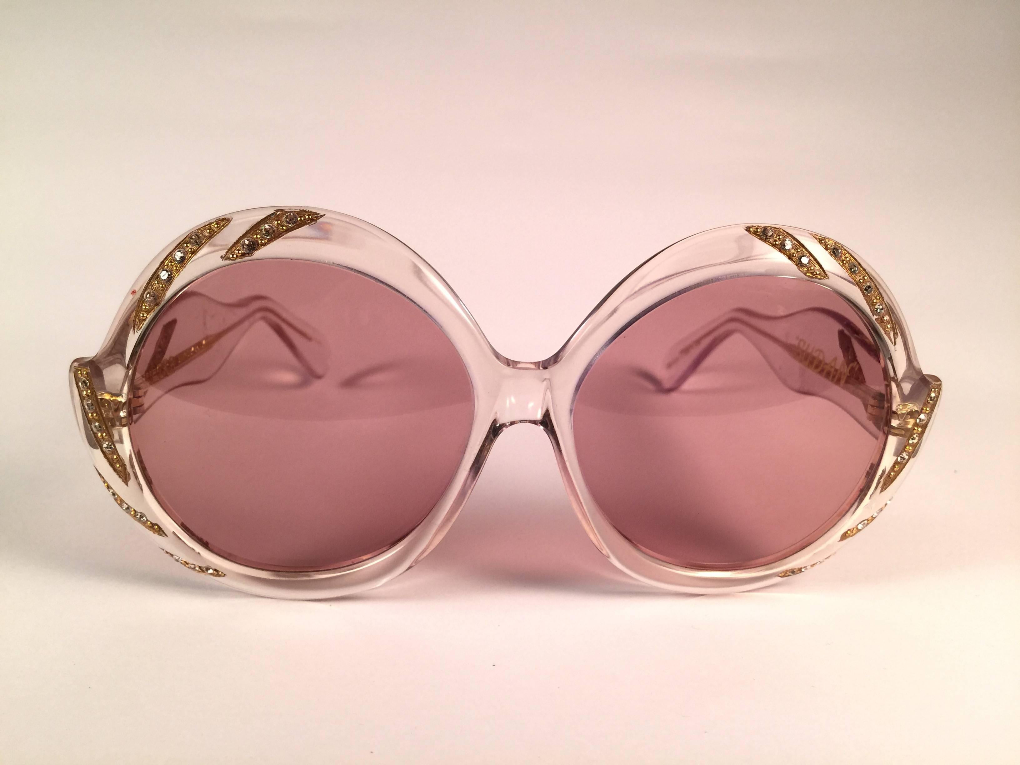 Brown New Vintage Ultra Sudan Clear Rhinestones Rose Lens Oversized 1960's Sunglasses