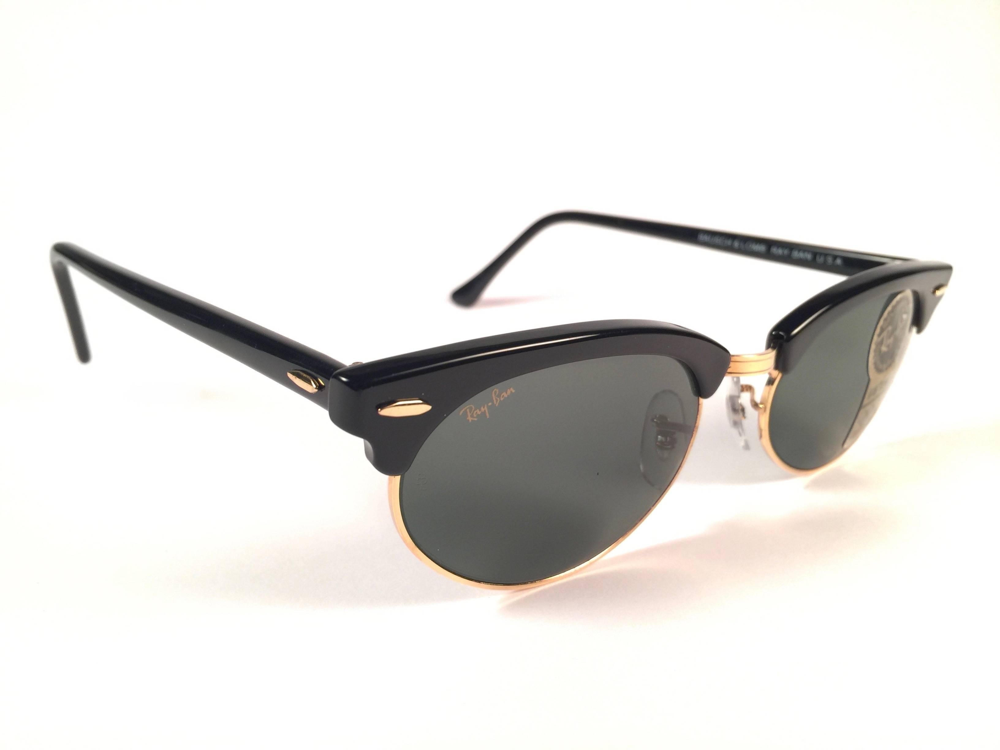 Black New Vintage Ray Ban B&L Clubmaster Gold Oval G15 Lenses Sunglasses USA