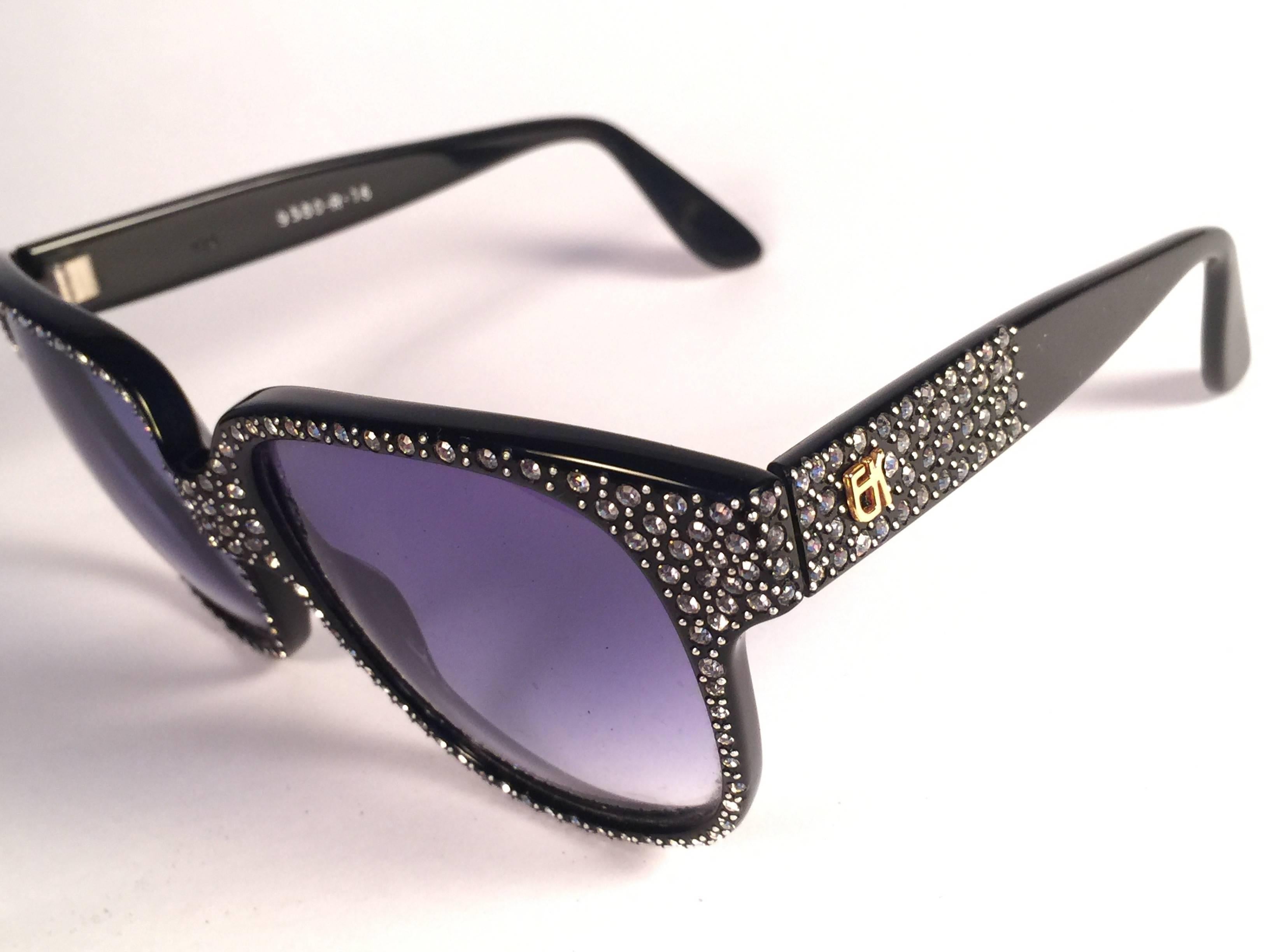 Beige New Vintage Emanuelle Kahn Paris Rhinestones Accents Black Sunglasses France