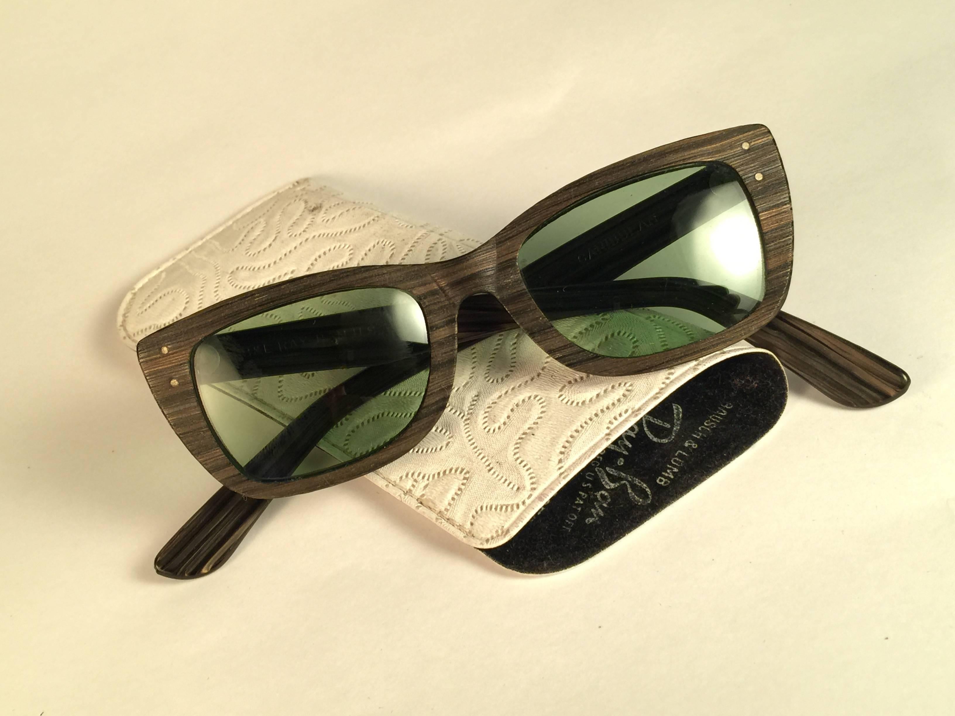 Beige New Ray Ban Caribbean 1960's Mid Century Wood Green Lenses B&L USA Sunglasses