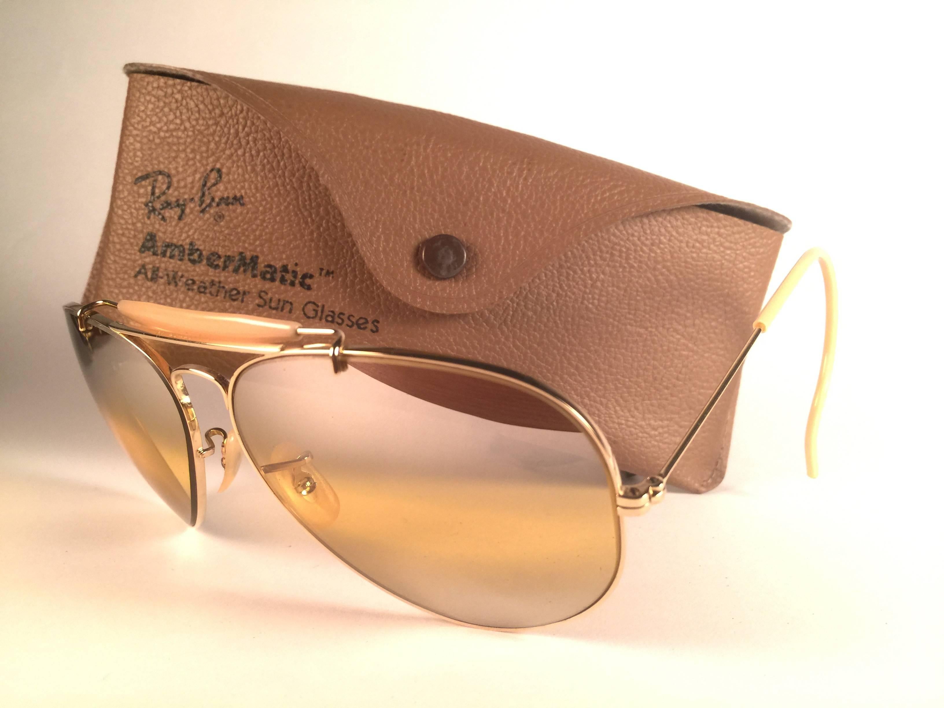Neue Vintage Ray Ban Aviator Gold Ambermatic Double Mirror 1970's B&L Sonnenbrille (Braun)