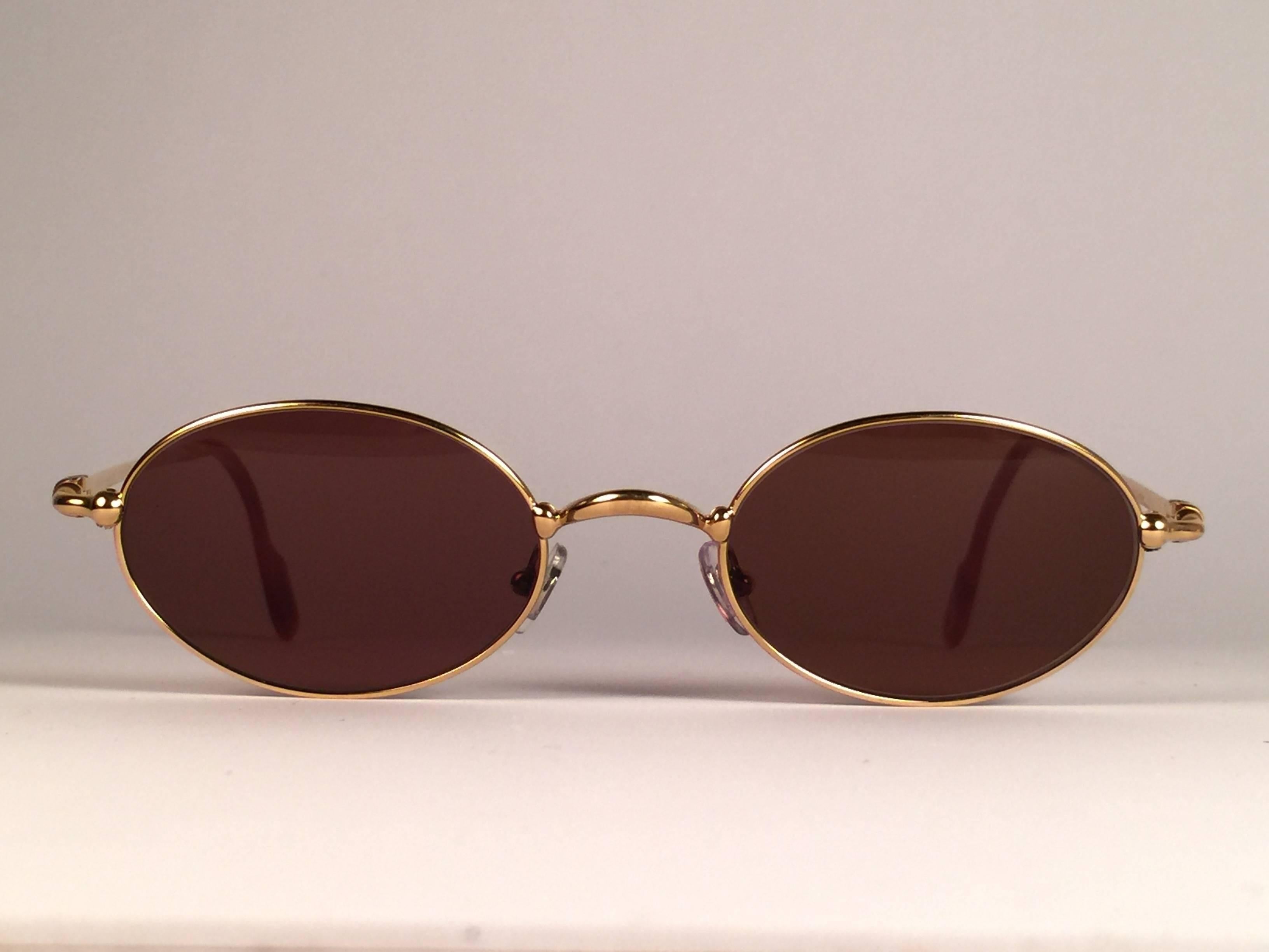 White New Vintage Cartier Saturne Gold Plated Solid Brown Lens France 1990 Sunglasse