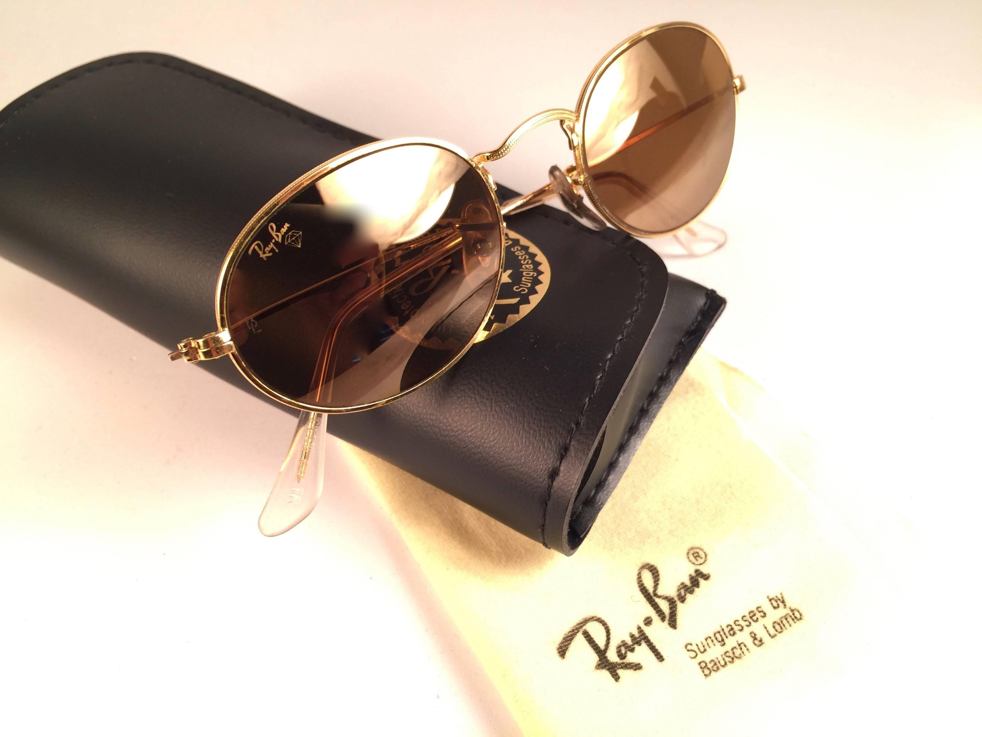 Brown New Vintage Ray Ban Oval Gold Diamond Hard Lenses 1980's B&L Sunglasses